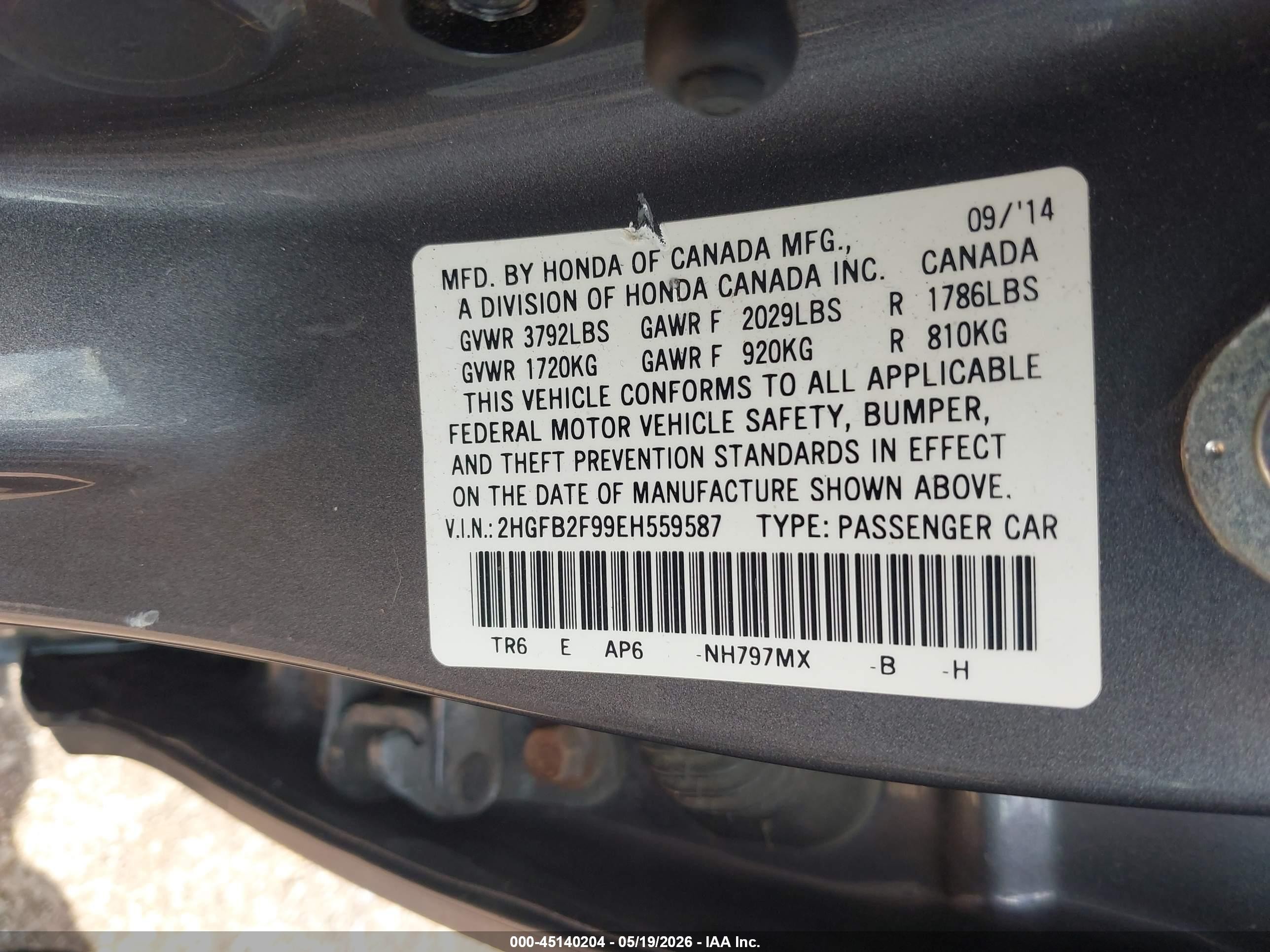 2014 Honda Civic Ex-l Gray vin: 2HGFB2F99EH559587