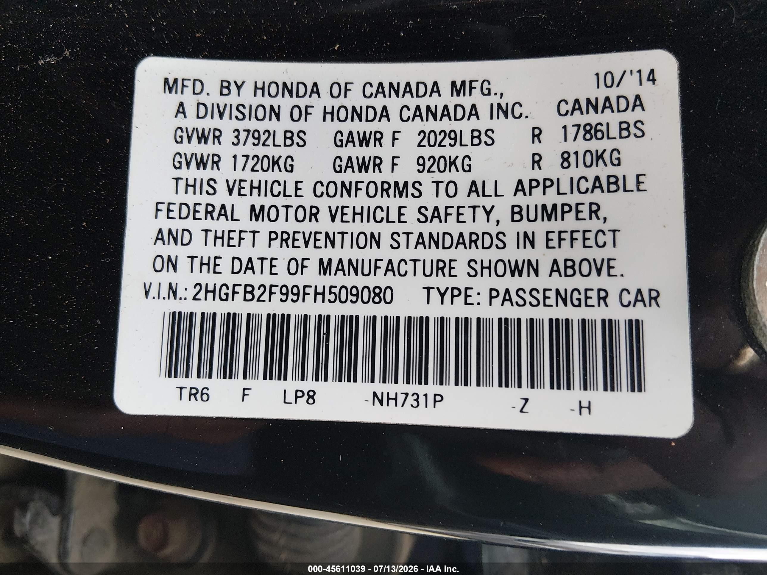 2015 Honda Civic Ex-l Черный vin: 2HGFB2F99FH509080