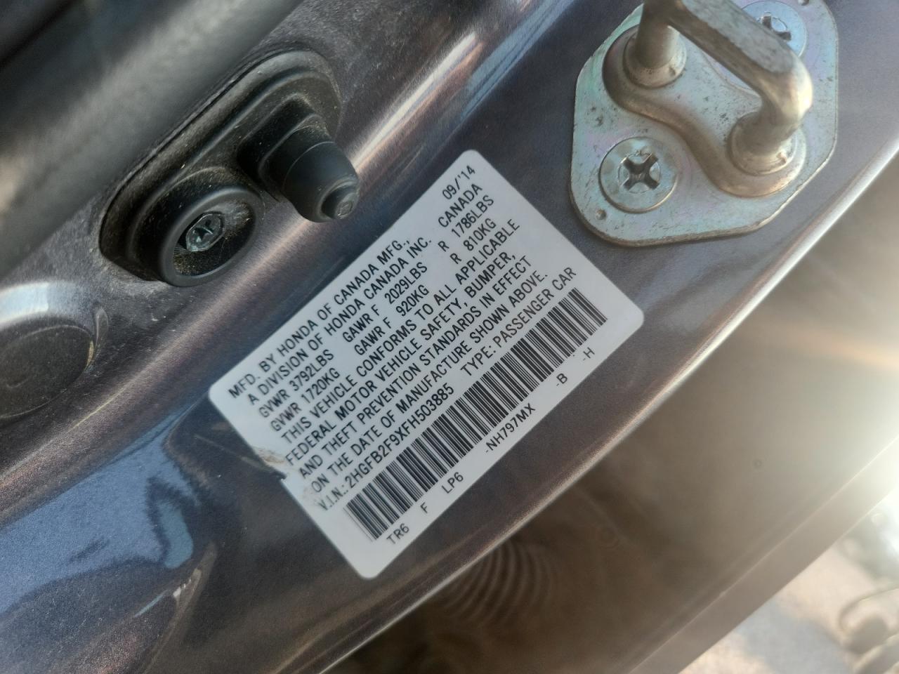 2015 Hond Civic Gray vin: 2HGFB2F9XFH503885