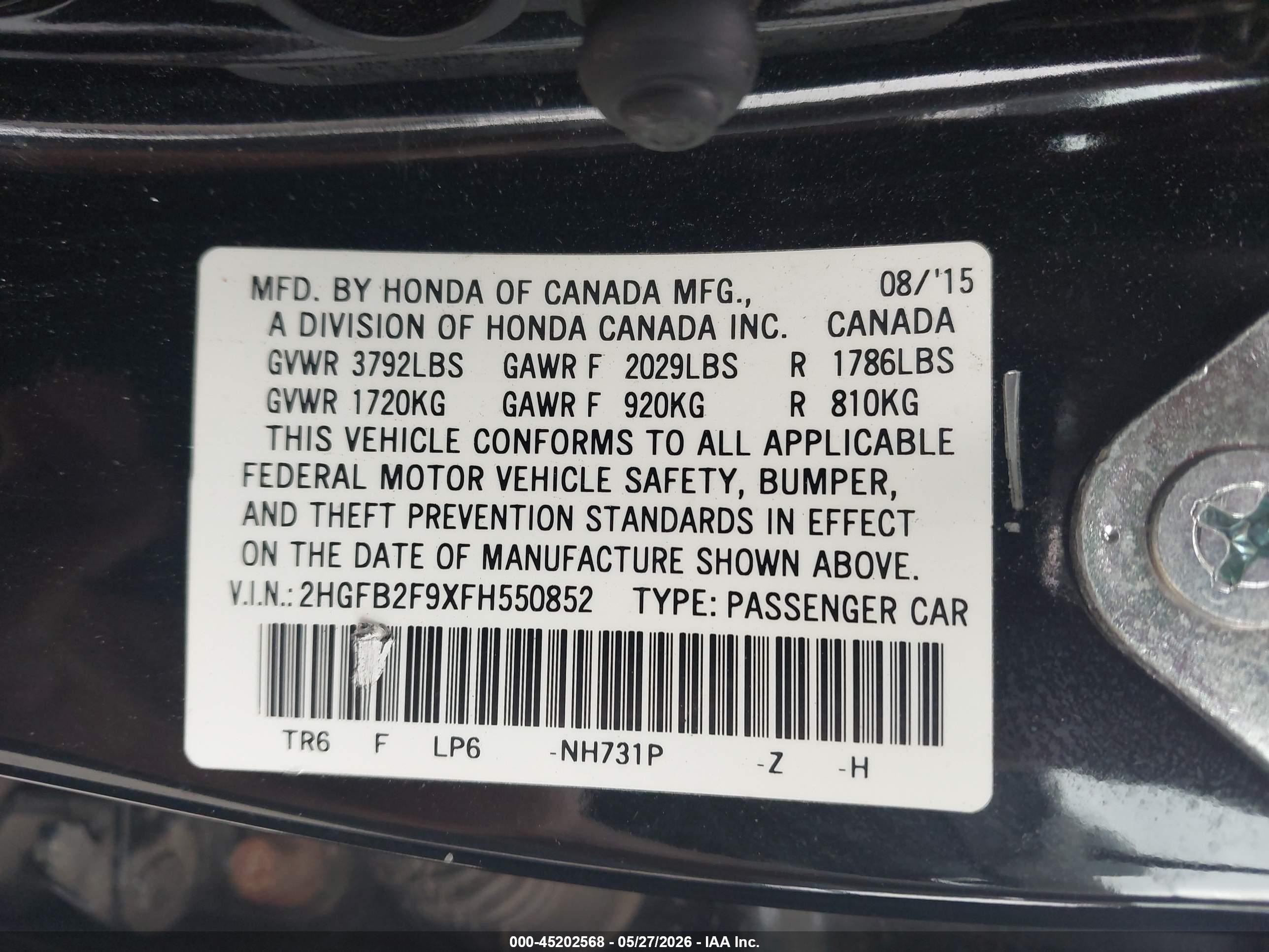2015 Honda Civic Ex-l Black vin: 2HGFB2F9XFH550852