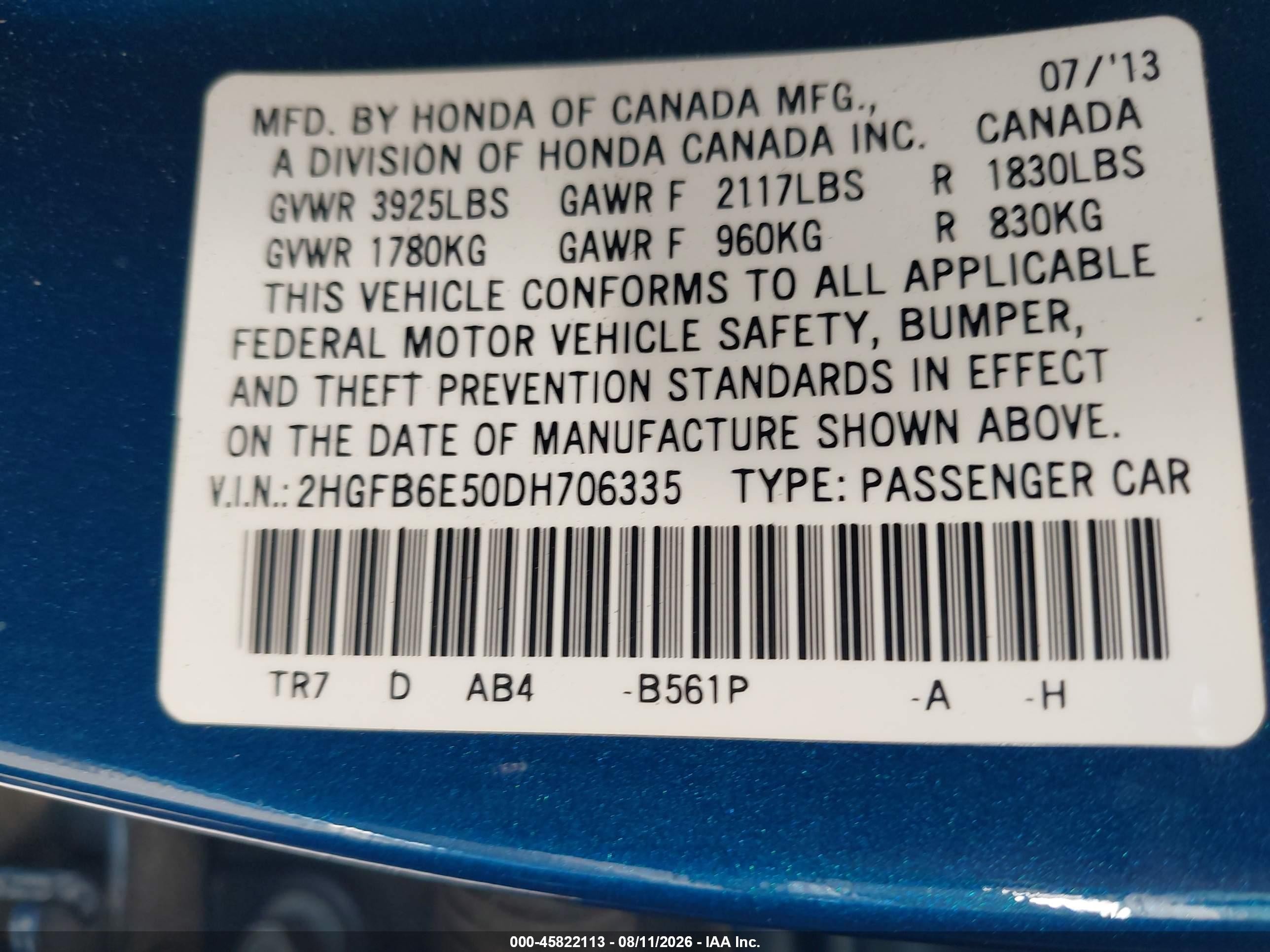 2013 Honda Civic Si Blue vin: 2HGFB6E50DH706335