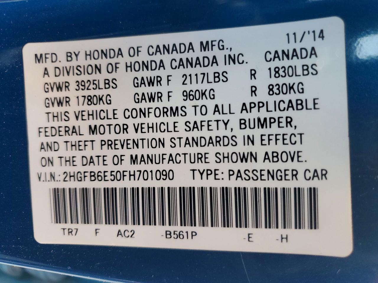 2015 Honda Civic Si Blue vin: 2HGFB6E50FH701090