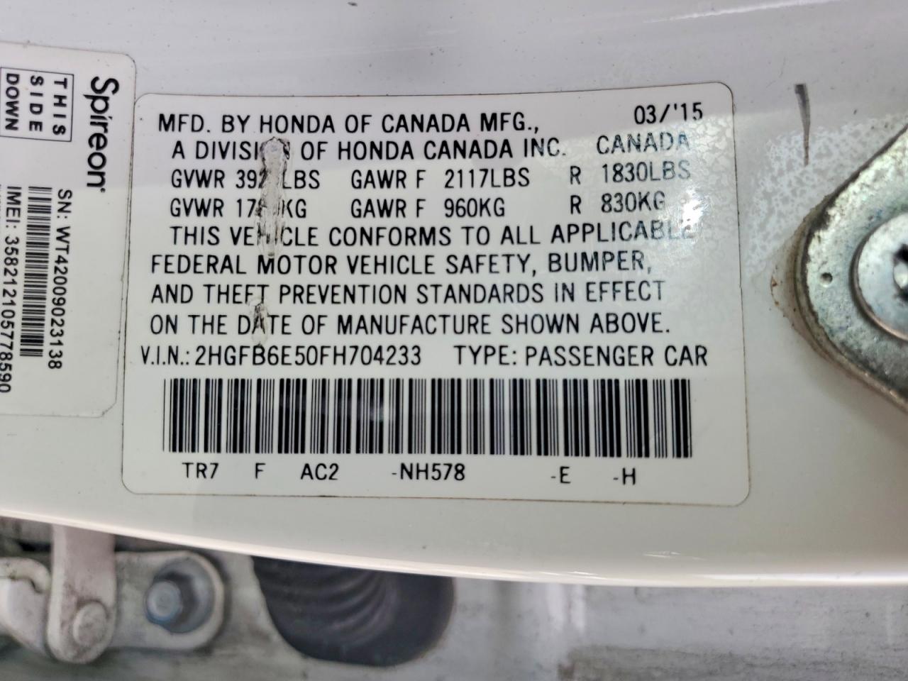 2015 Honda Civic Si White vin: 2HGFB6E50FH704233