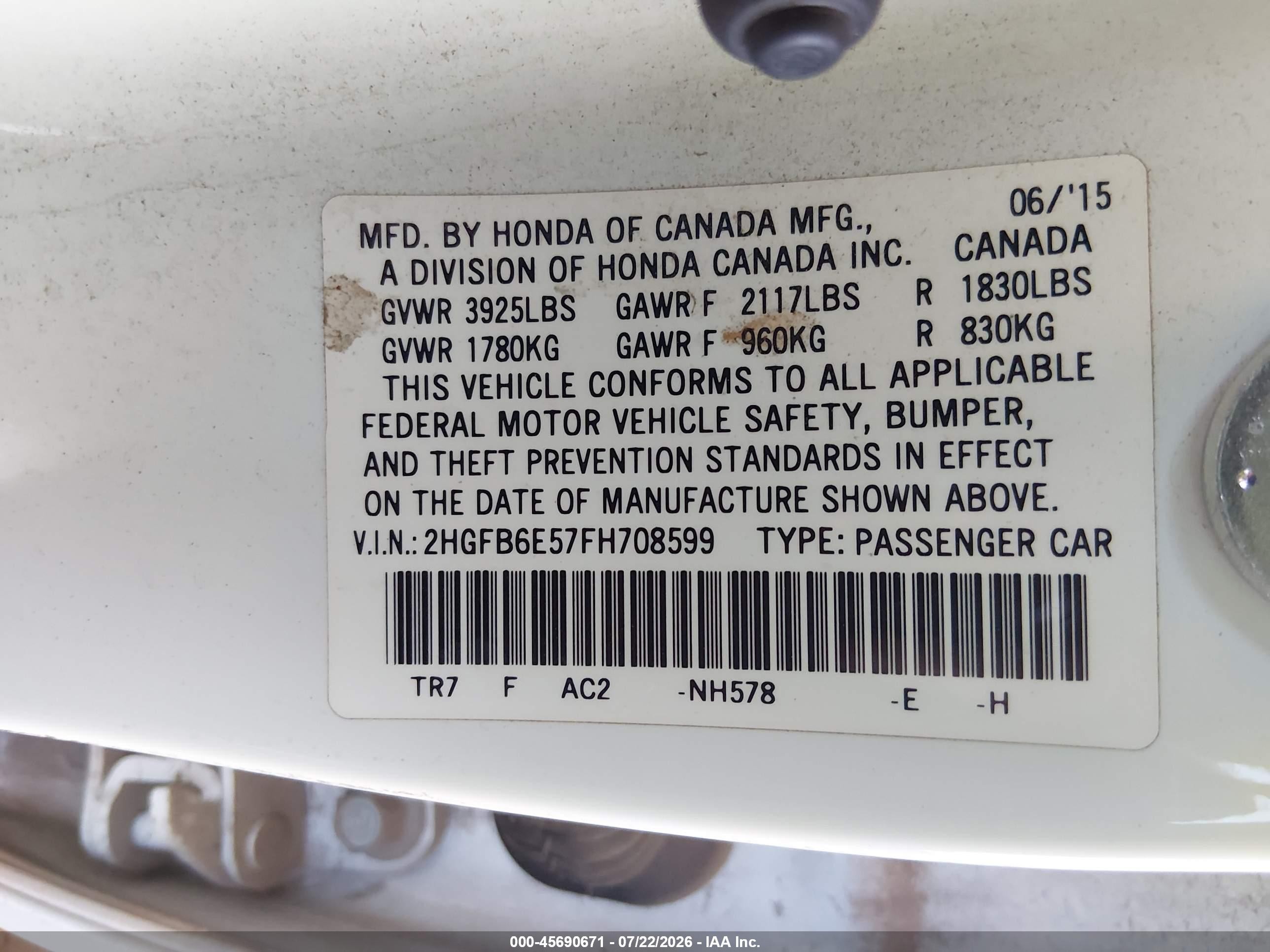 2015 Honda Civic Si White vin: 2HGFB6E57FH708599