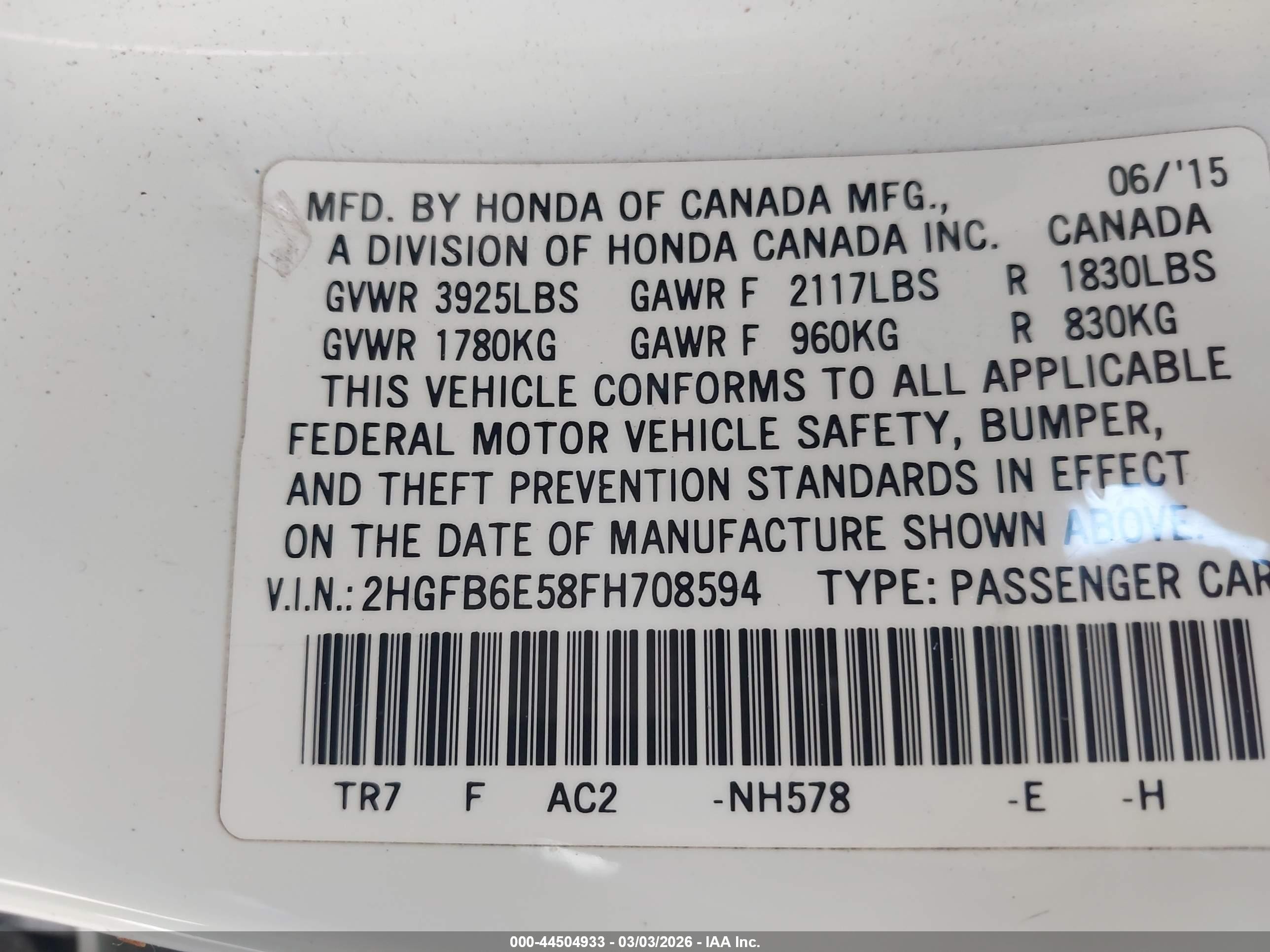 2015 Honda Civic Si White vin: 2HGFB6E58FH708594