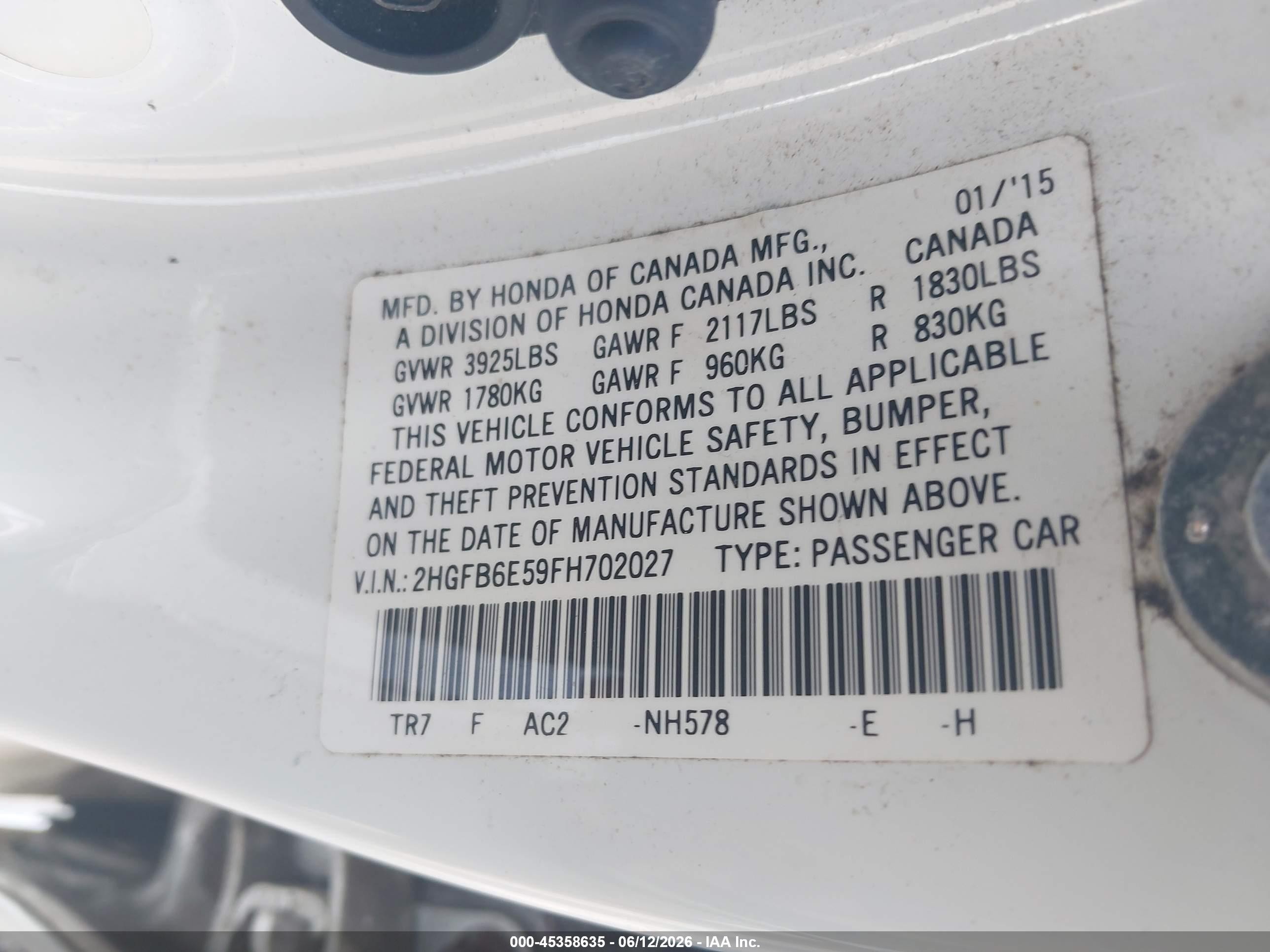 2015 Honda Civic Si White vin: 2HGFB6E59FH702027