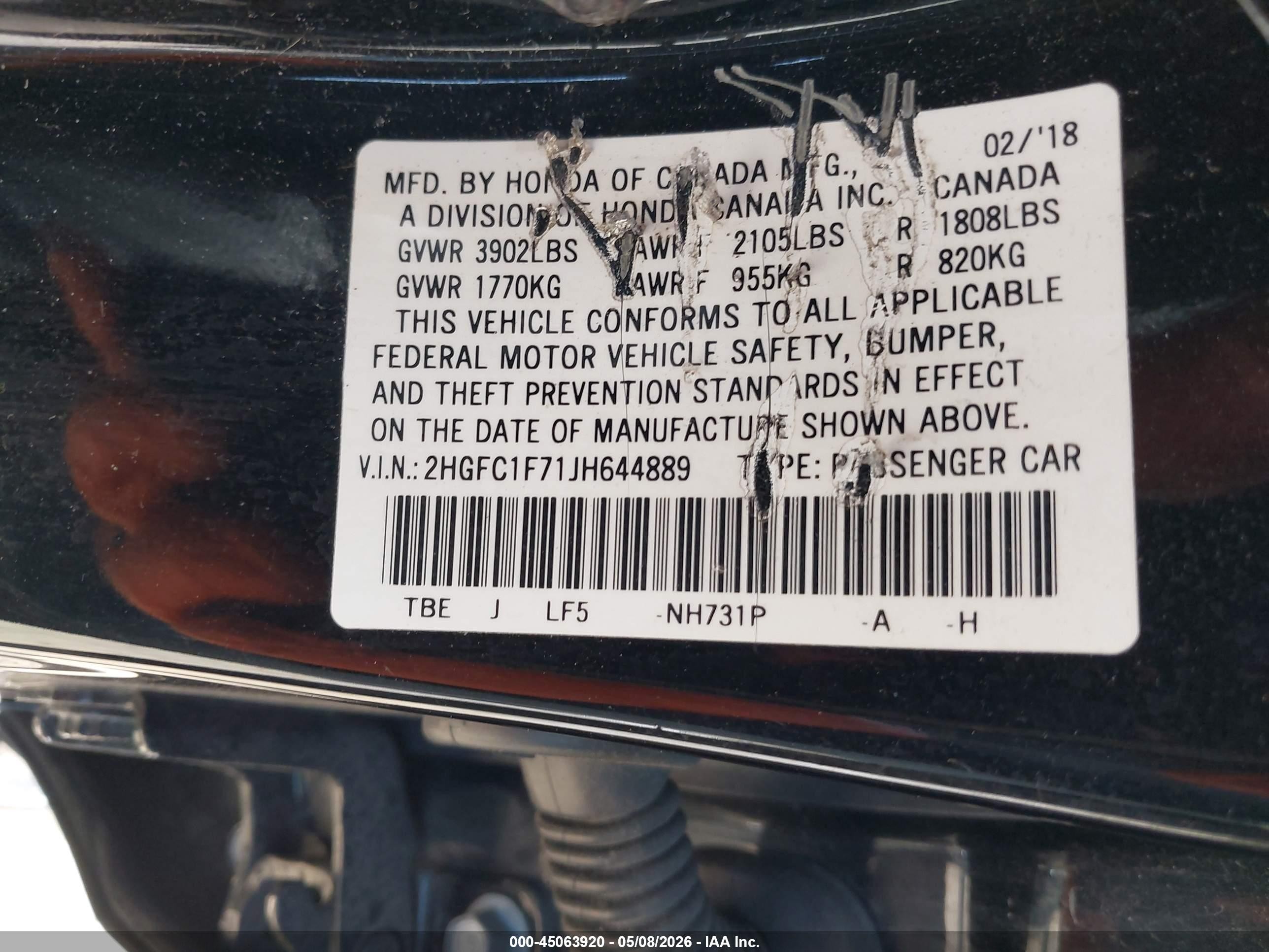 2018 Honda Civic Ex-l Black vin: 2HGFC1F71JH644889