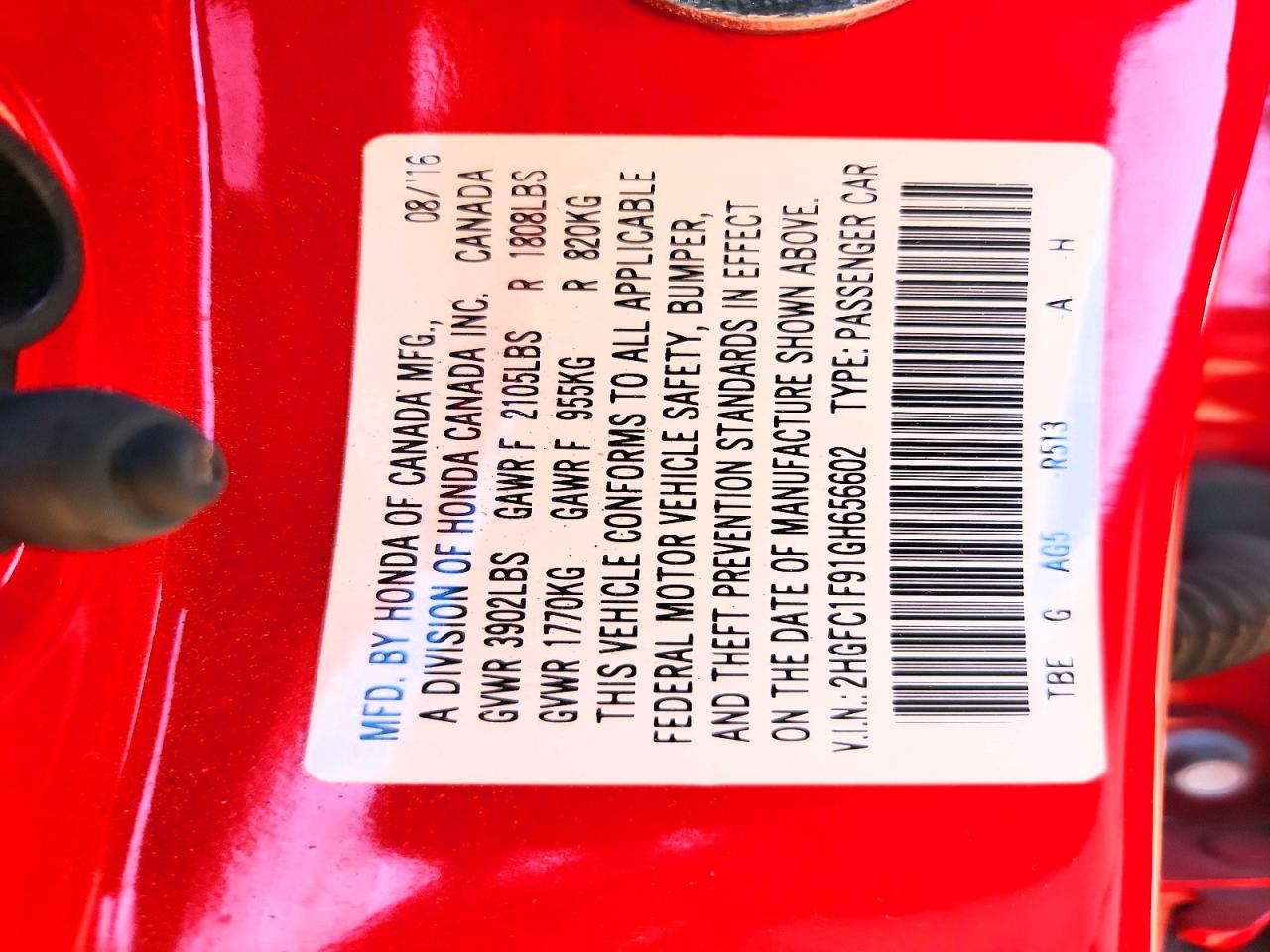 2016 Honda Civic Touring Red vin: 2HGFC1F91GH656602