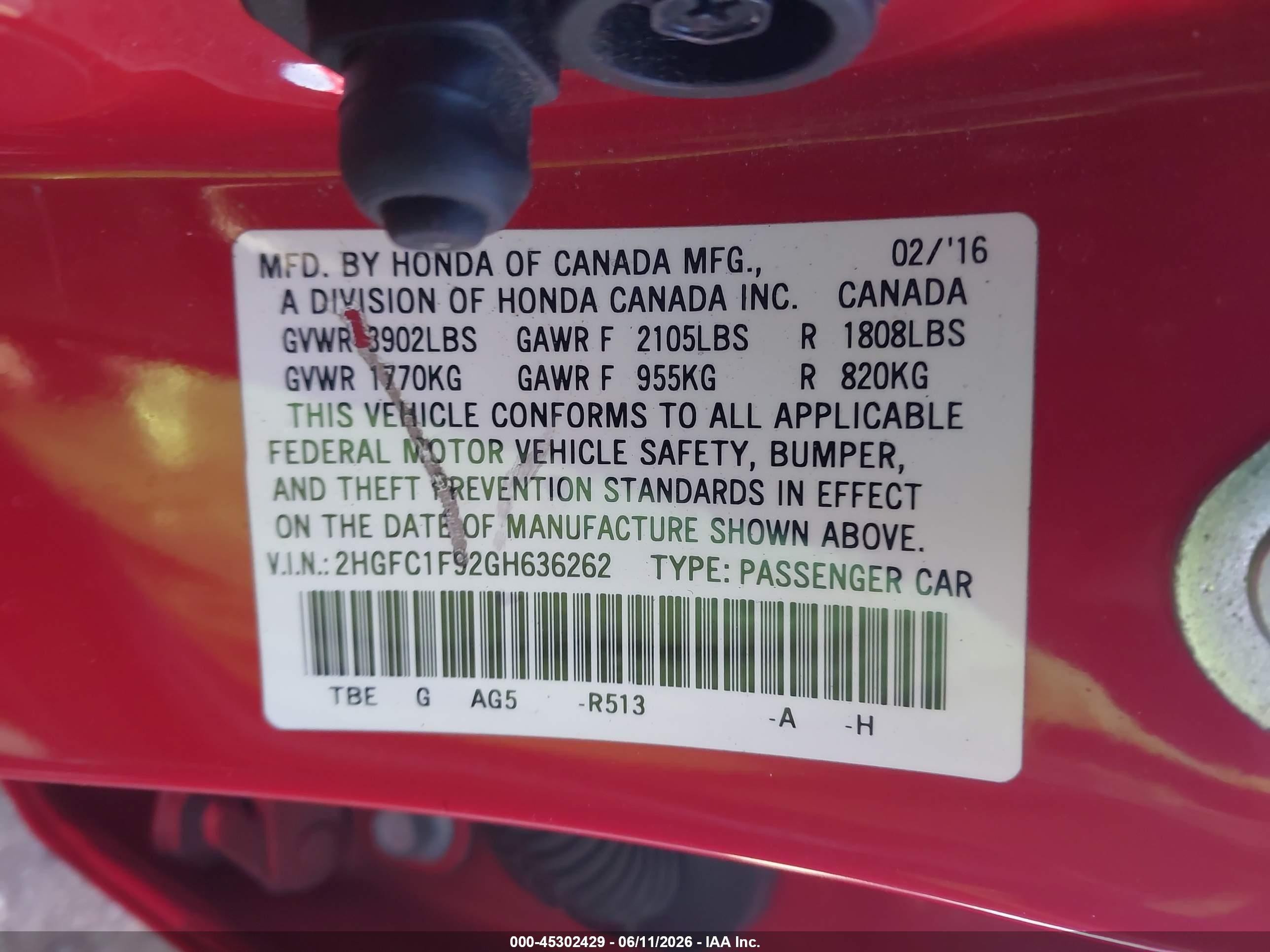 2016 Honda Civic Touring Red vin: 2HGFC1F92GH636262