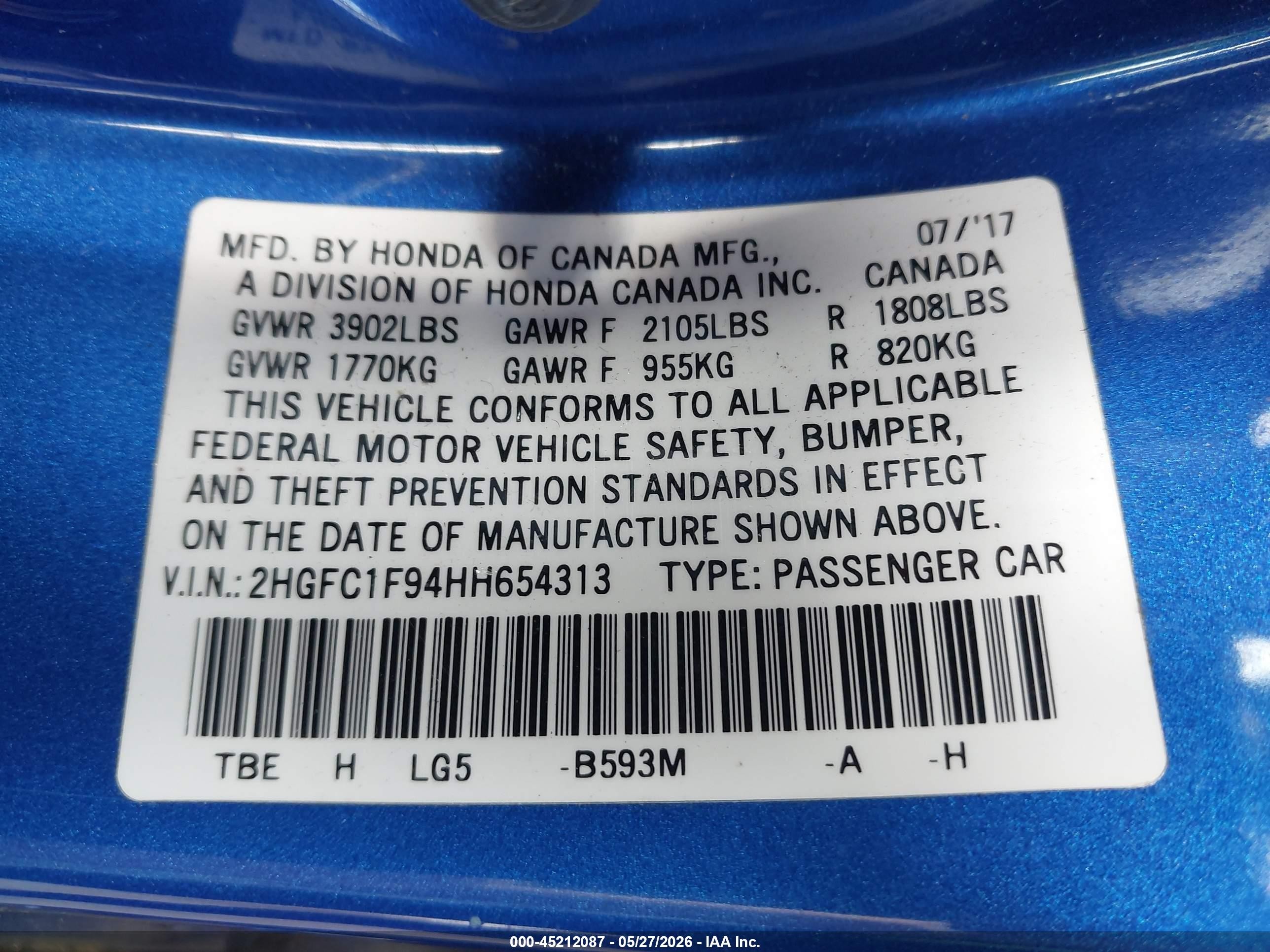 2017 Honda Civic Touring Blue vin: 2HGFC1F94HH654313