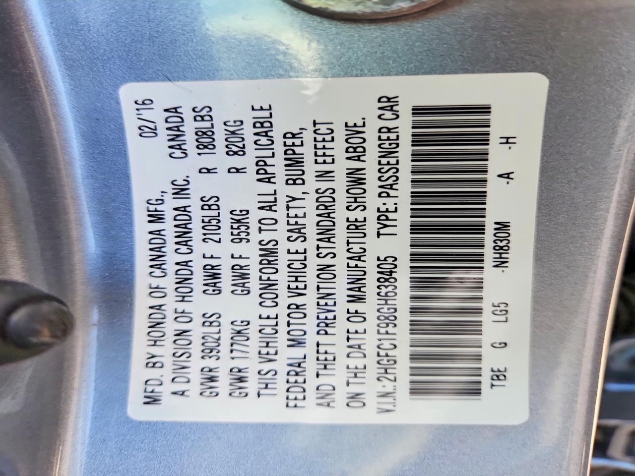 2016 Honda Civic Touring Silver vin: 2HGFC1F98GH638405