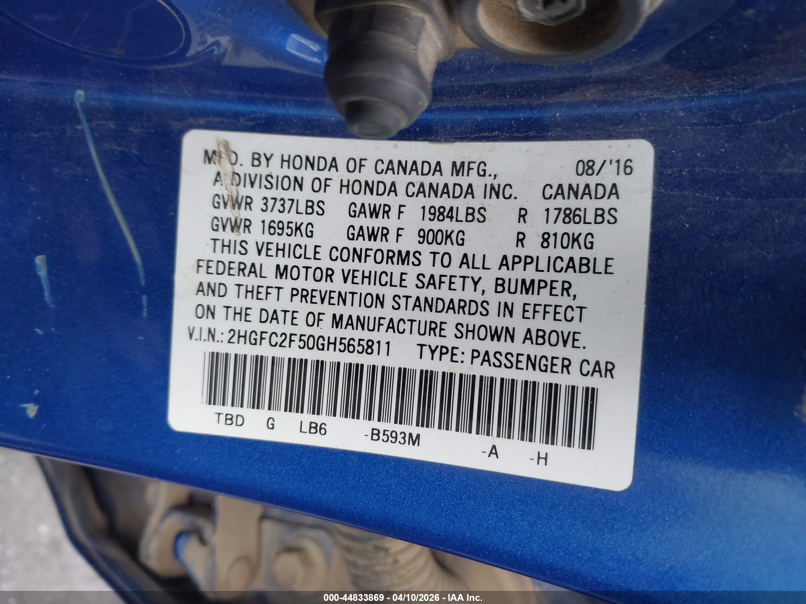 2016 Honda Civic Lx Синий vin: 2HGFC2F50GH565811