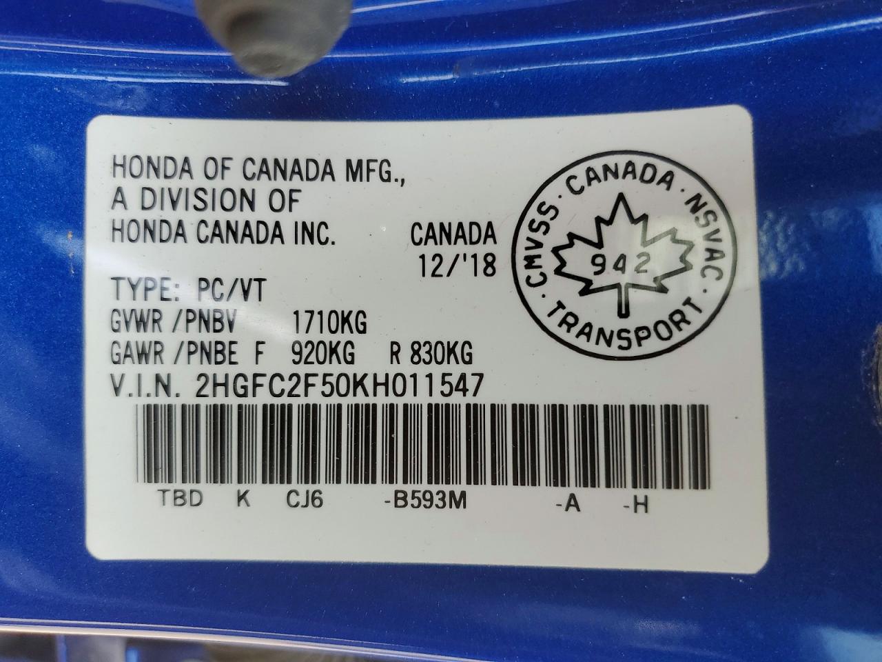 2019 Honda Civic Lx Blue vin: 2HGFC2F50KH011547