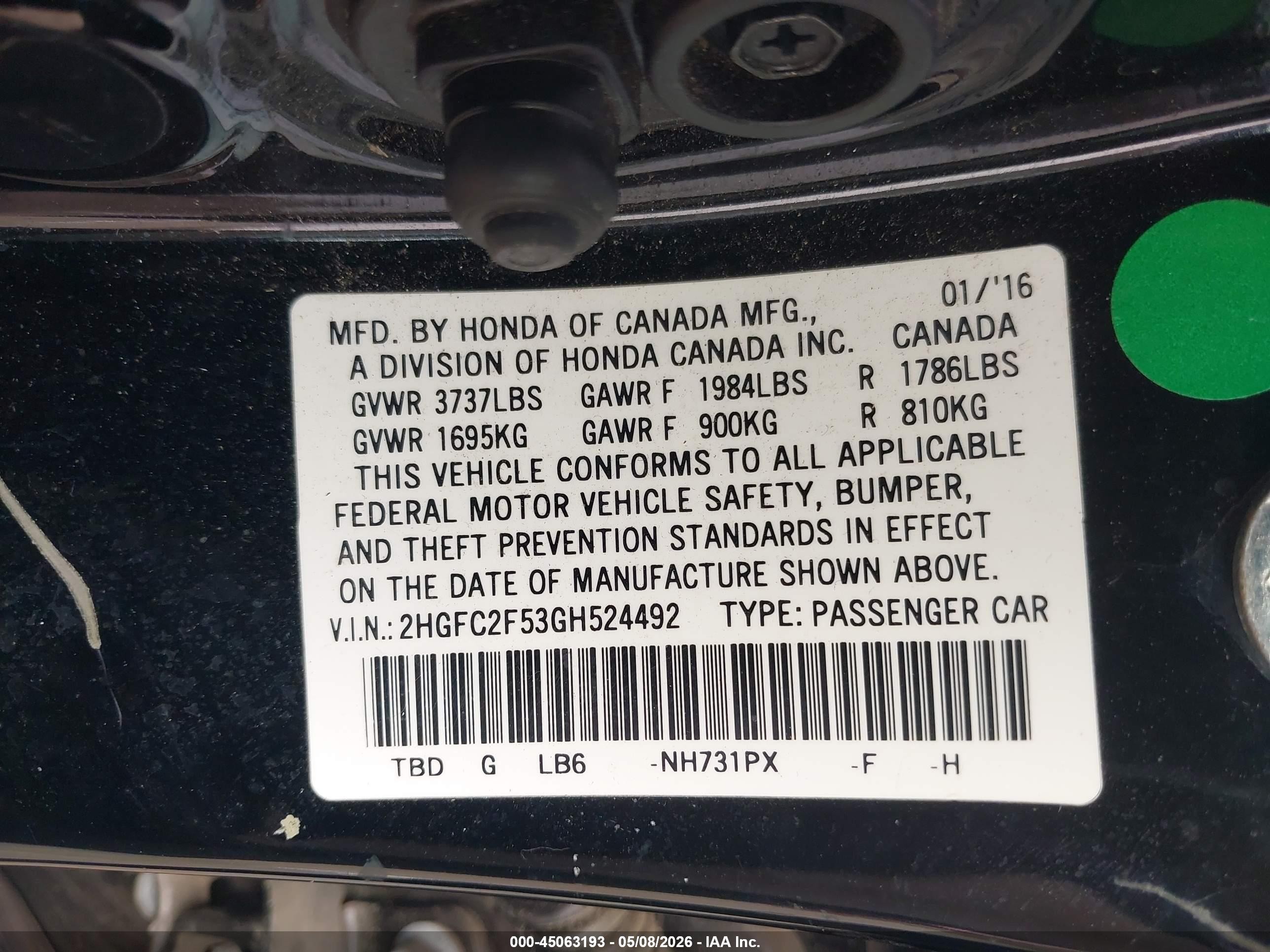 2016 Honda Civic Lx Black vin: 2HGFC2F53GH524492