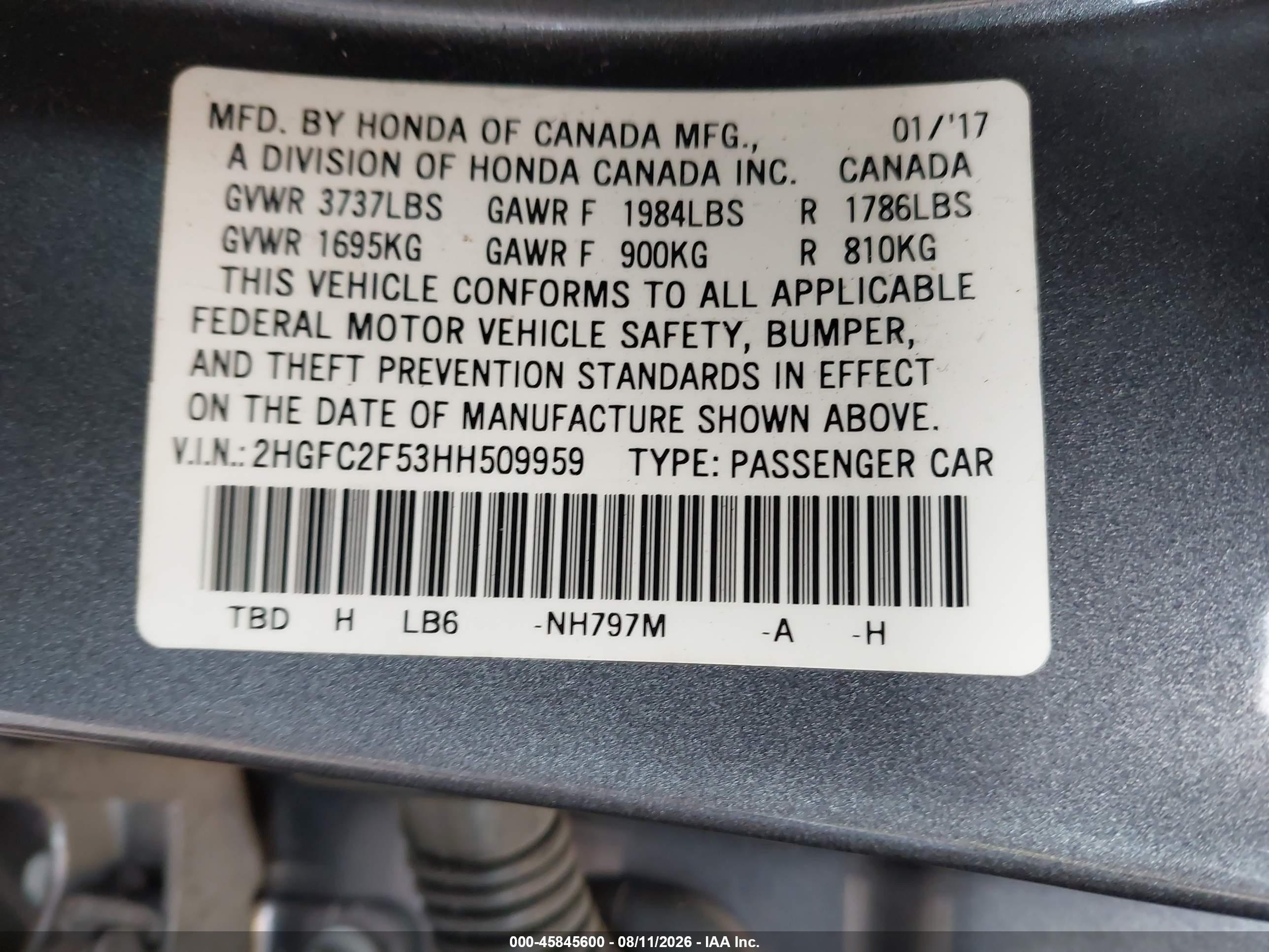 2017 Honda Civic Lx Gray vin: 2HGFC2F53HH509959
