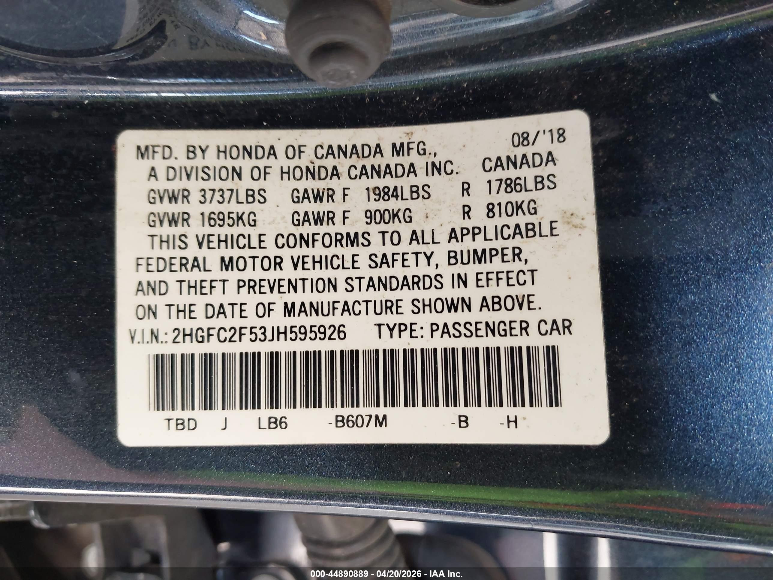 2018 Honda Civic Lx Серый vin: 2HGFC2F53JH595926