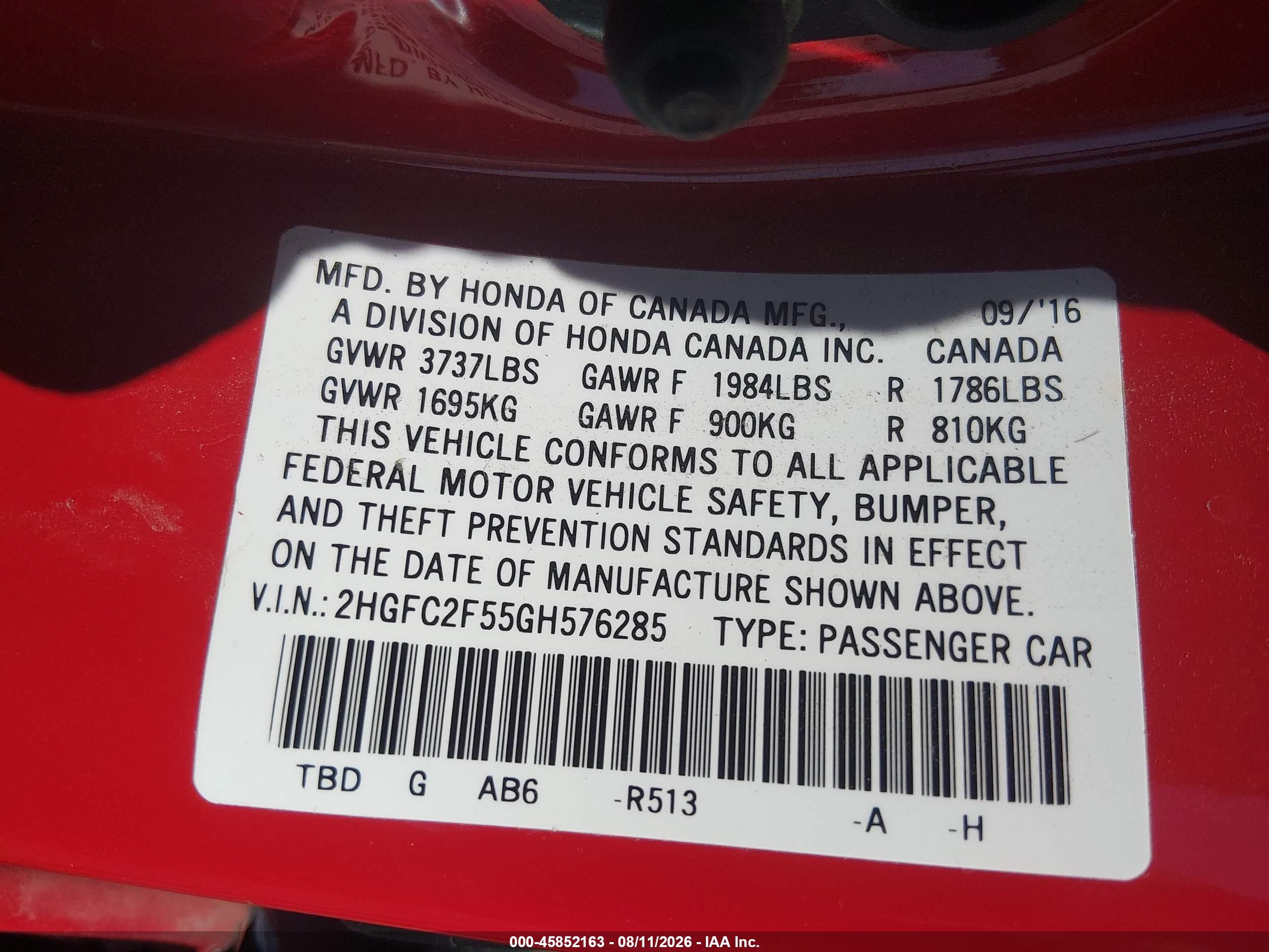 2016 Honda Civic Lx Red vin: 2HGFC2F55GH576285