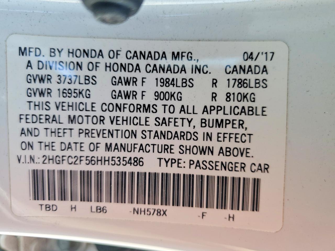 2017 Honda Civic Lx White vin: 2HGFC2F56HH535486