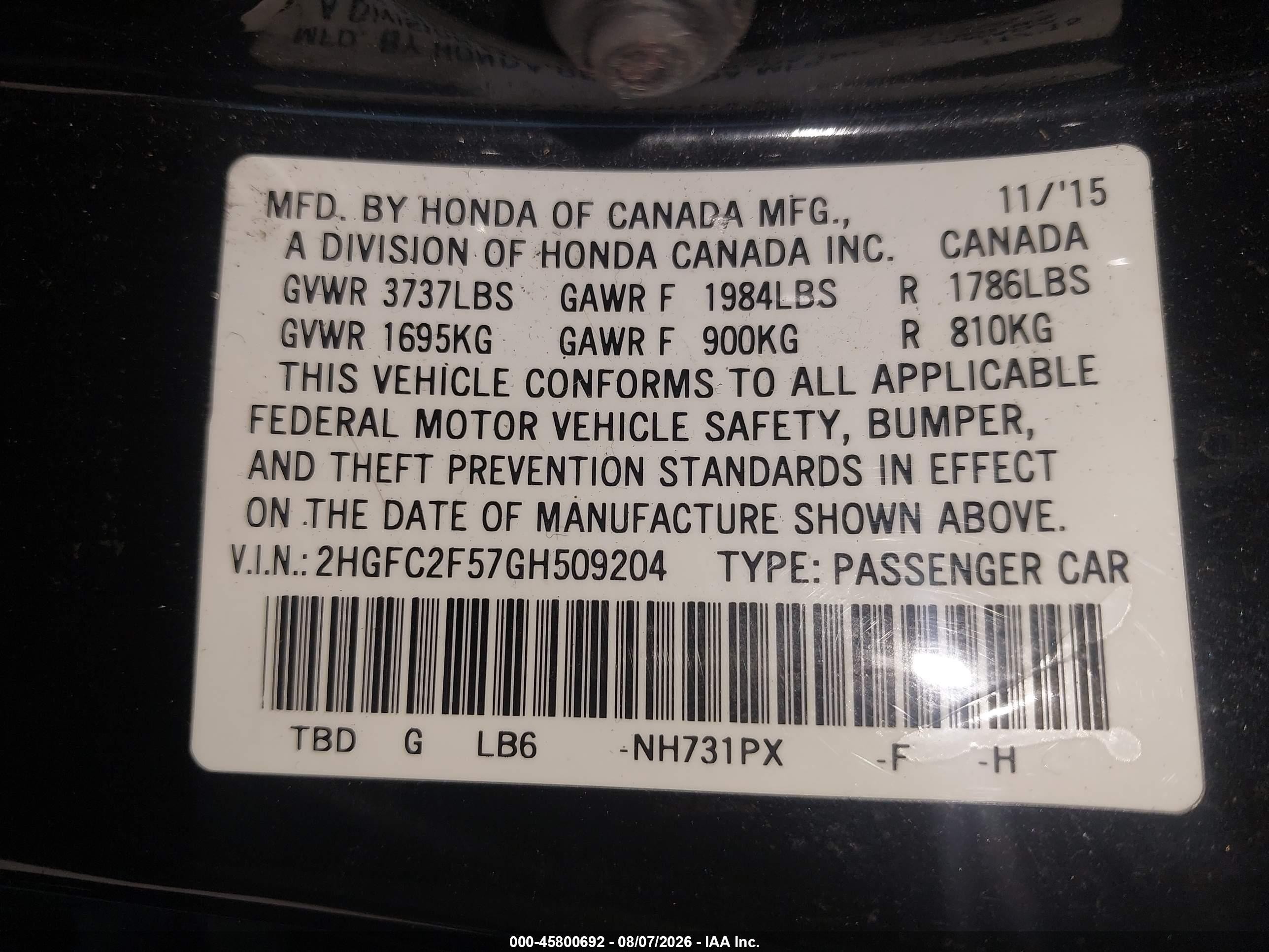 2016 Honda Civic Lx Black vin: 2HGFC2F57GH509204