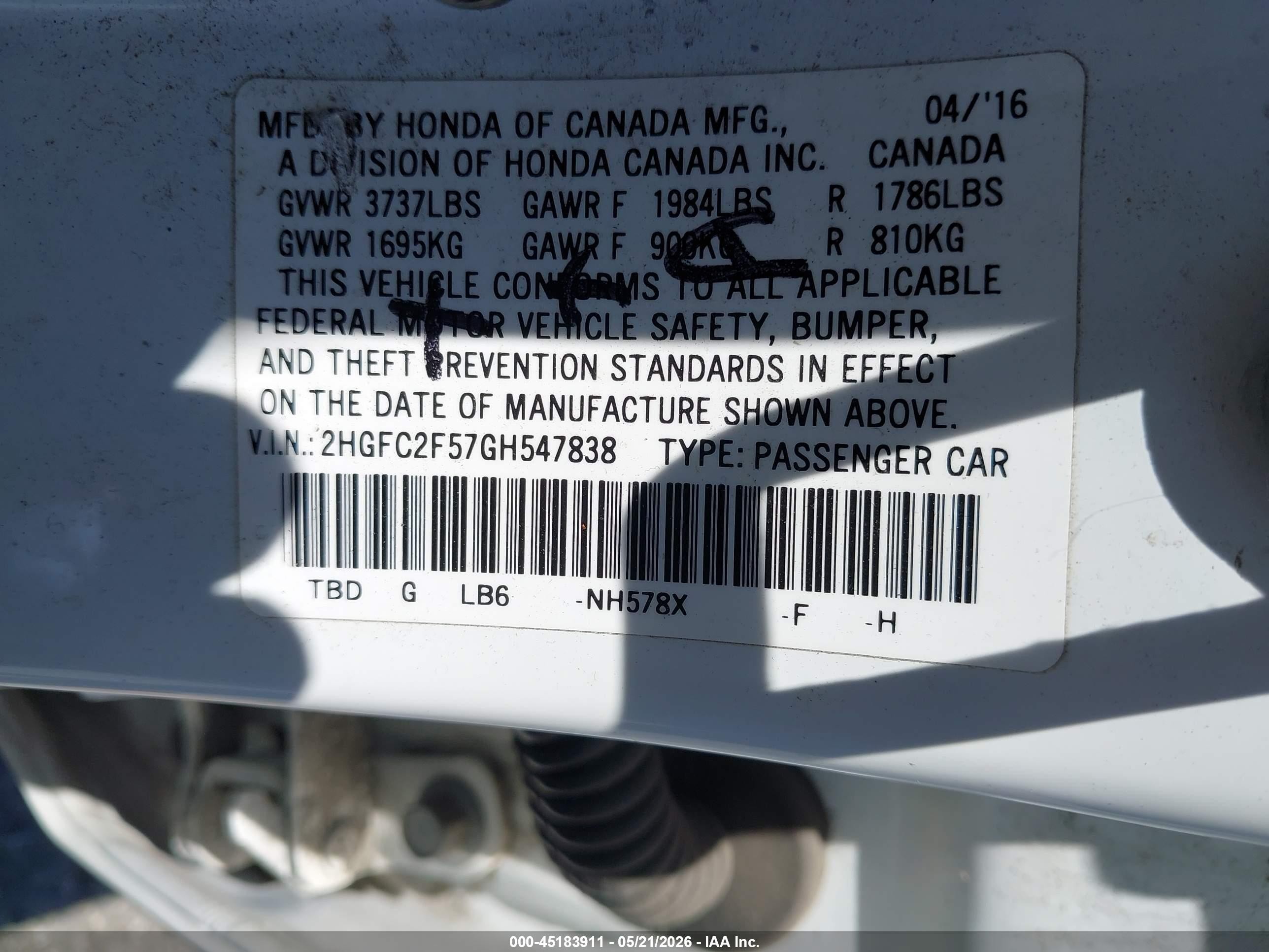 2016 Honda Civic Lx White vin: 2HGFC2F57GH547838