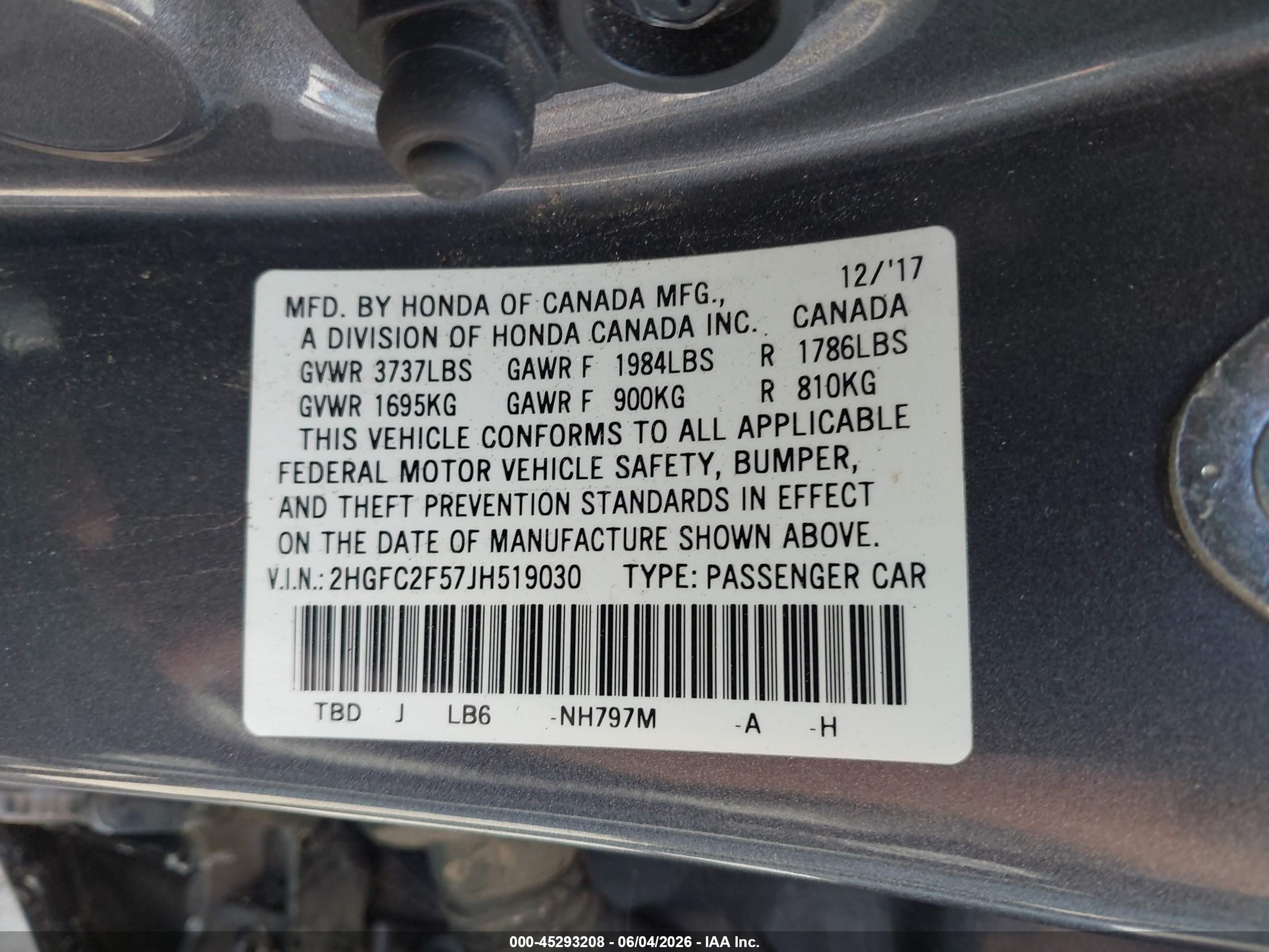 2018 Honda Civic Lx Gray vin: 2HGFC2F57JH519030