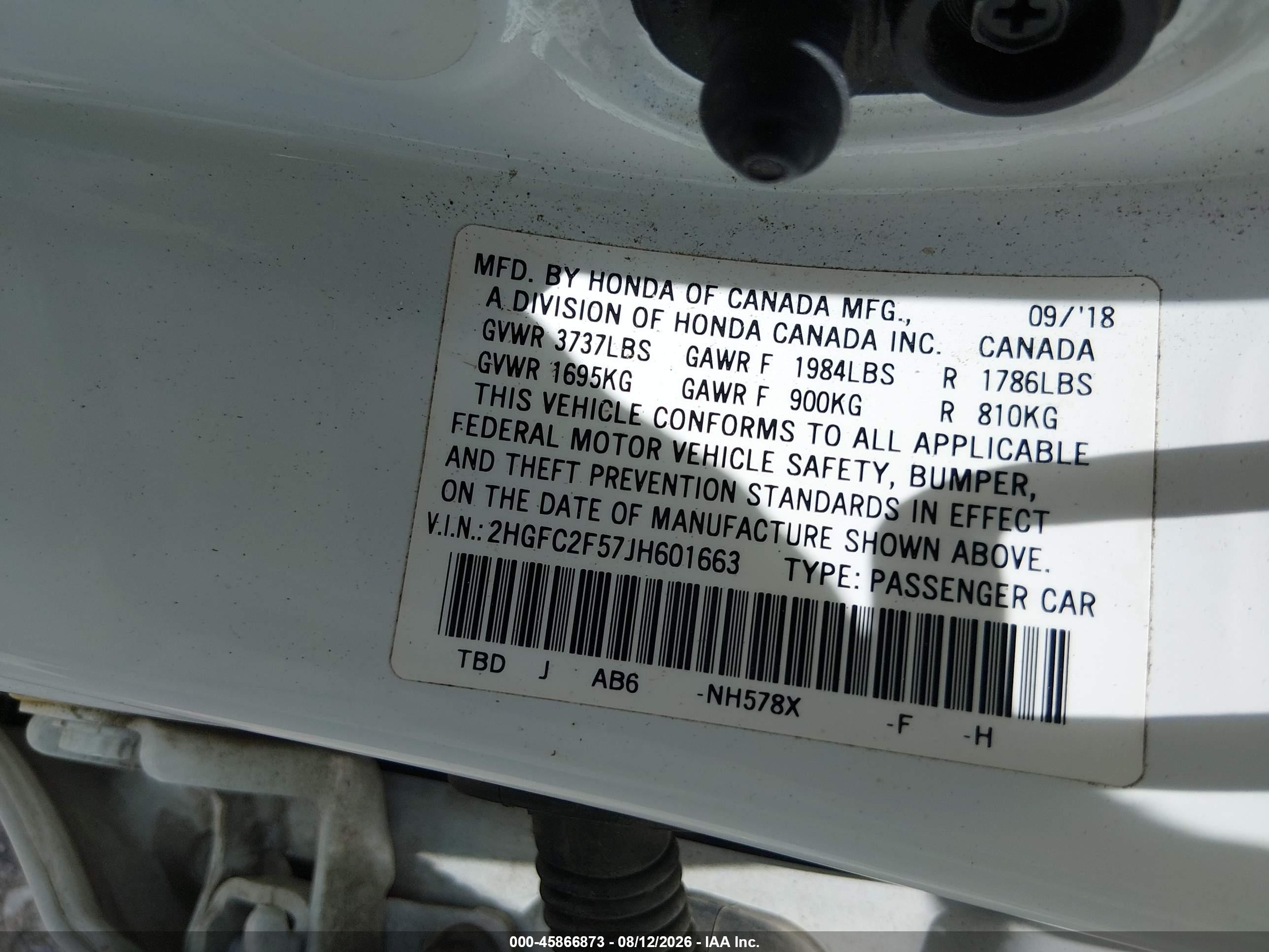 2018 Honda Civic Lx White vin: 2HGFC2F57JH601663