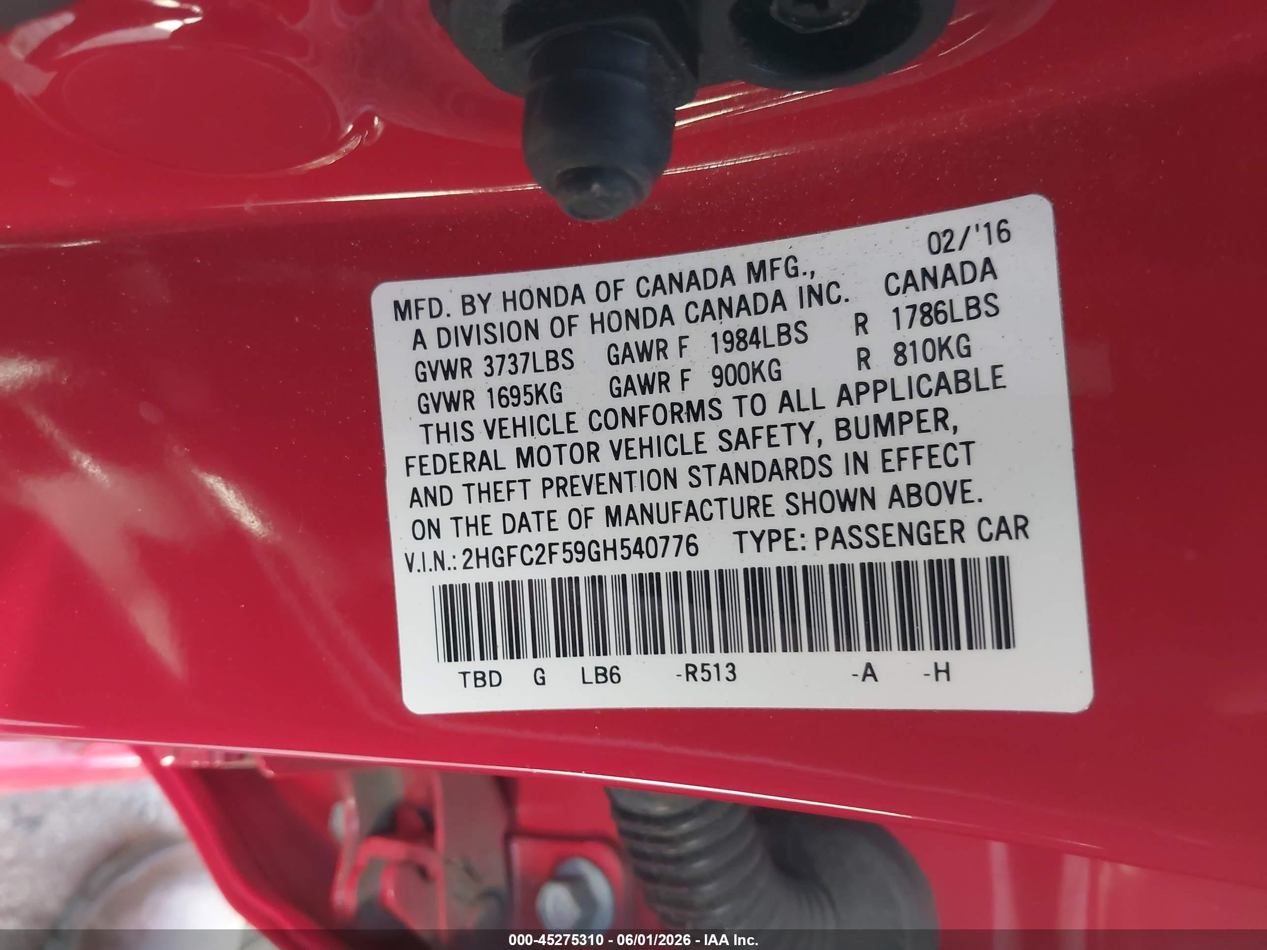 2016 Honda Civic Lx Red vin: 2HGFC2F59GH540776