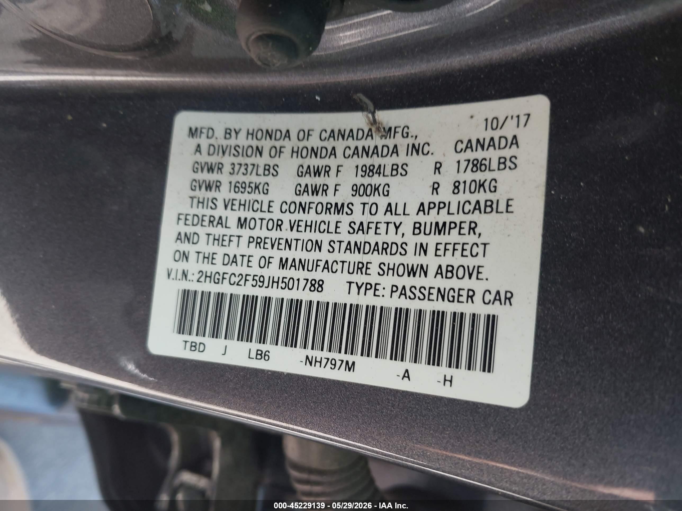 2018 Honda Civic Lx Gray vin: 2HGFC2F59JH501788