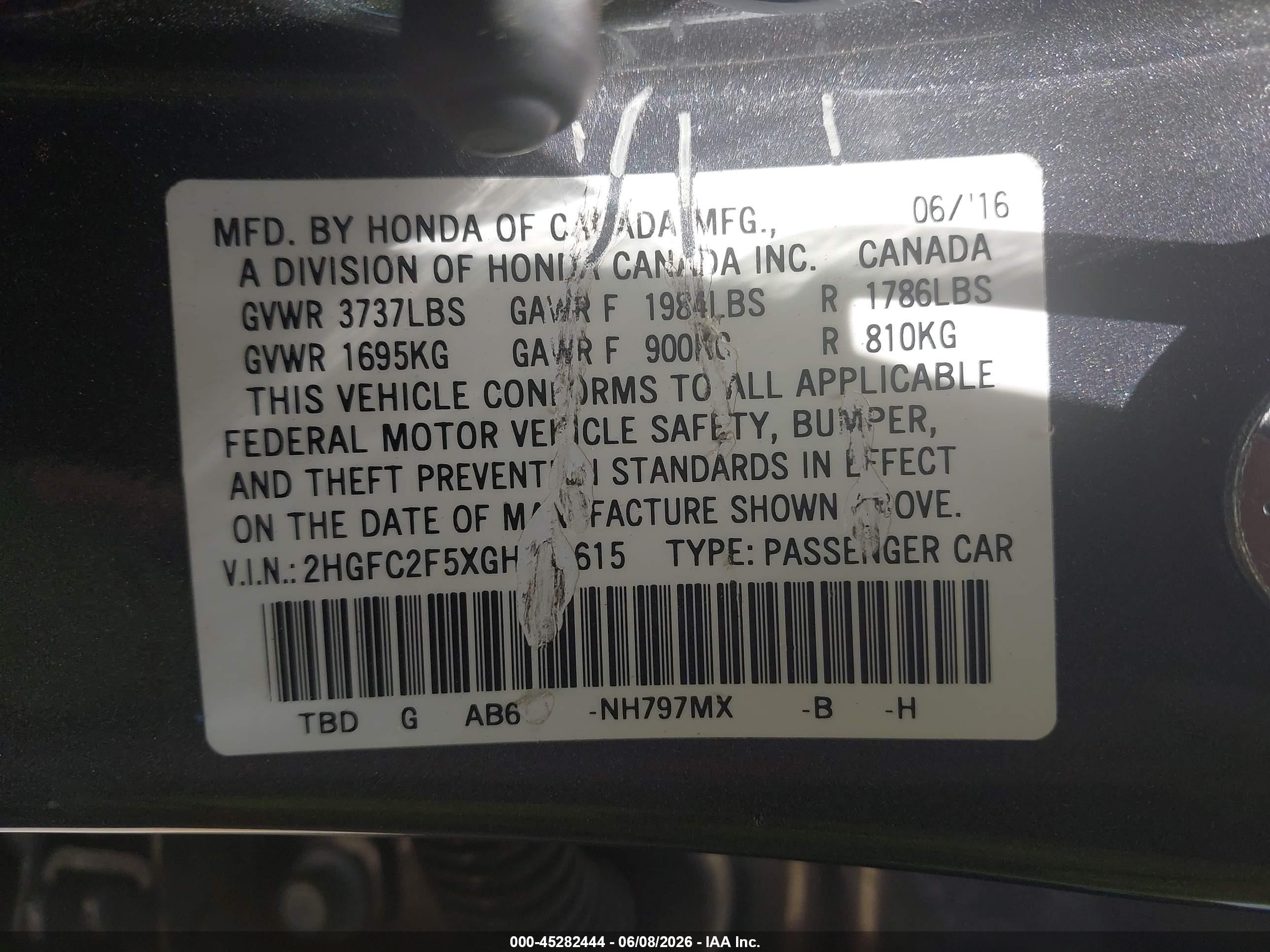 2016 Honda Civic Lx Gray vin: 2HGFC2F5XGH556615