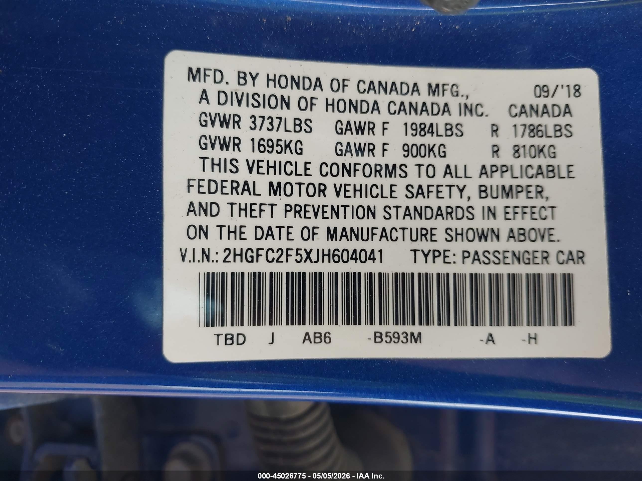 2018 Honda Civic Lx Blue vin: 2HGFC2F5XJH604041