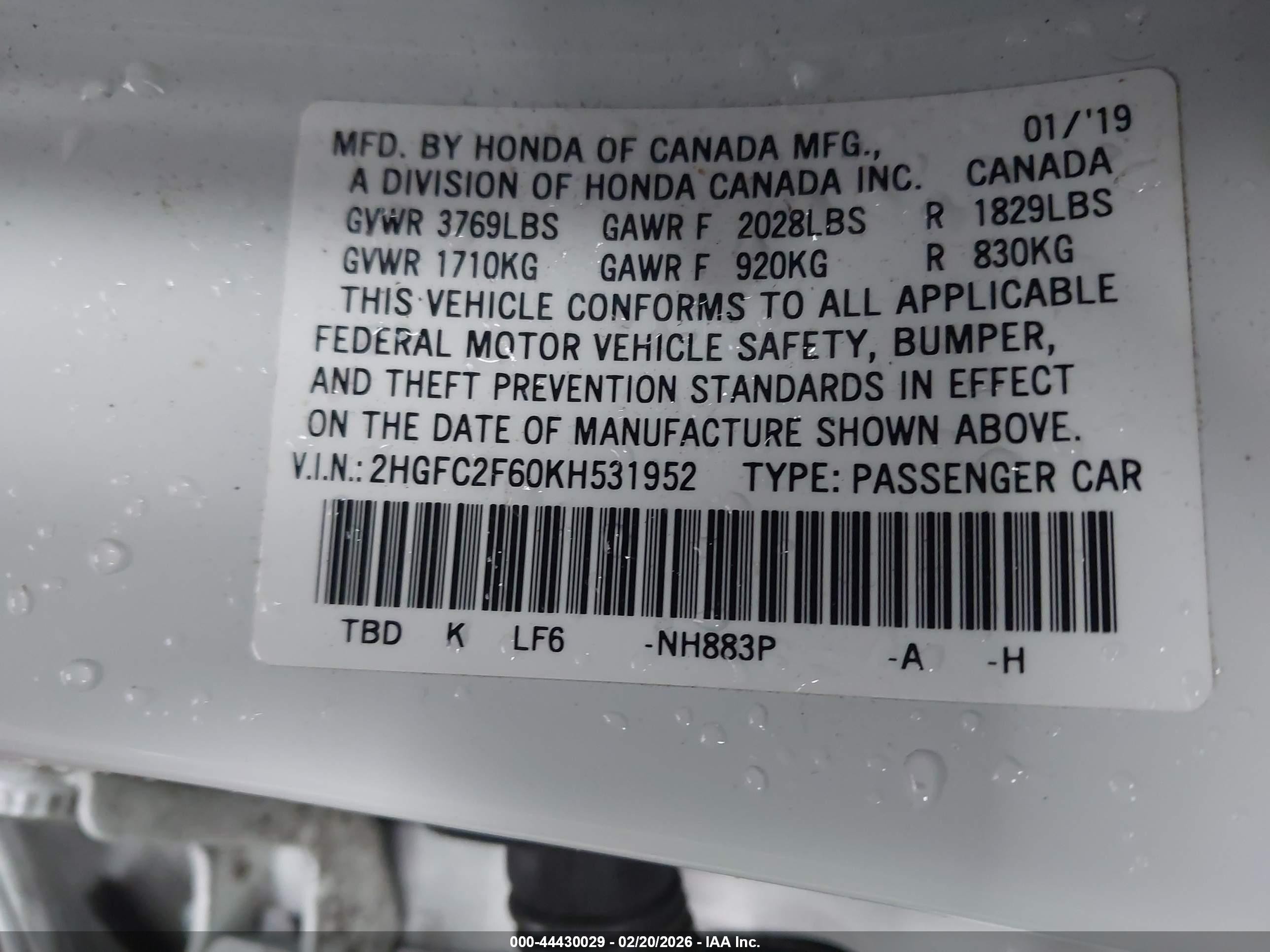 2019 Honda Civic Lx White vin: 2HGFC2F60KH531952