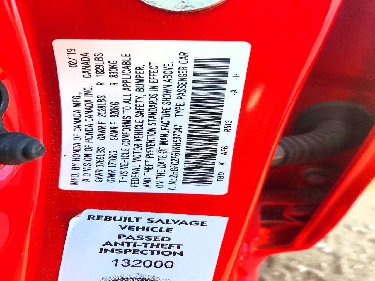 2019 Honda Civic Lx Red vin: 2HGFC2F61KH537047