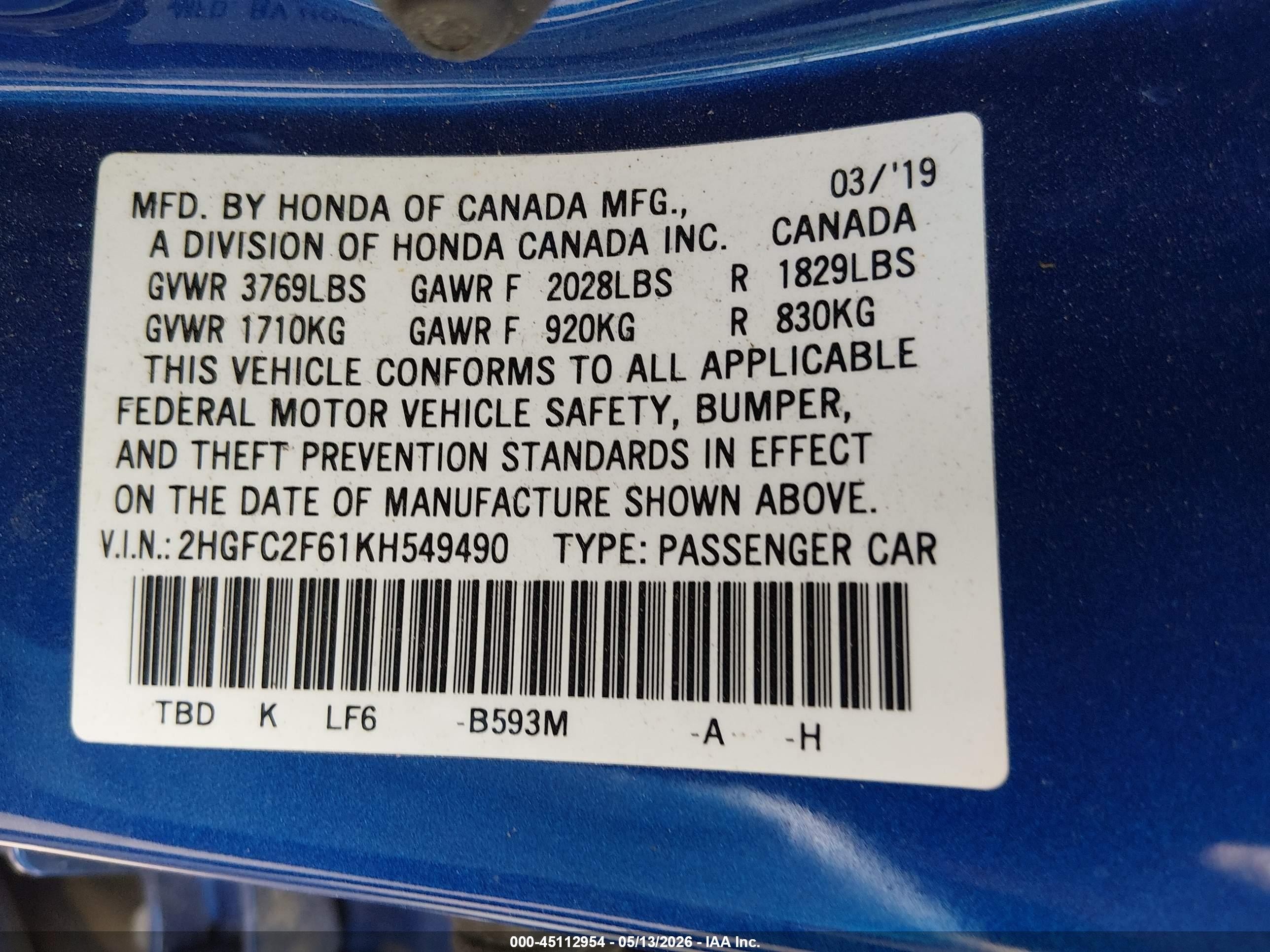 2019 Honda Civic Lx Синий vin: 2HGFC2F61KH549490