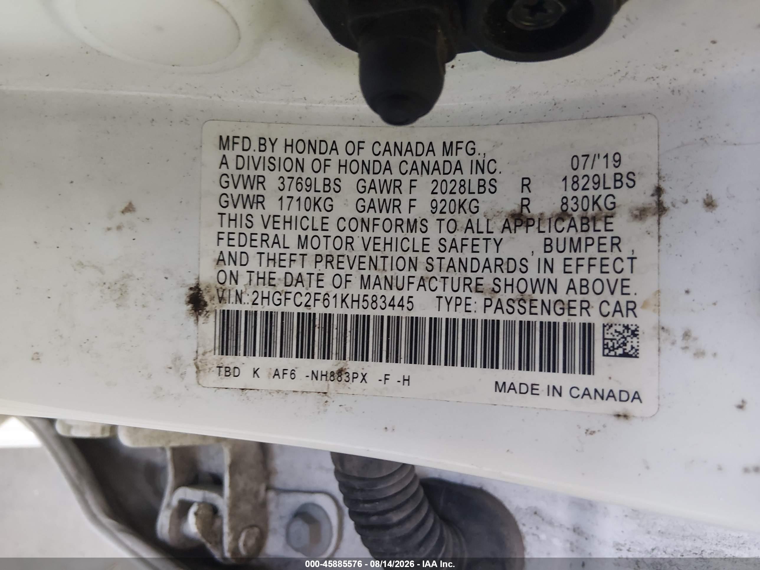 2019 Honda Civic Lx White vin: 2HGFC2F61KH583445