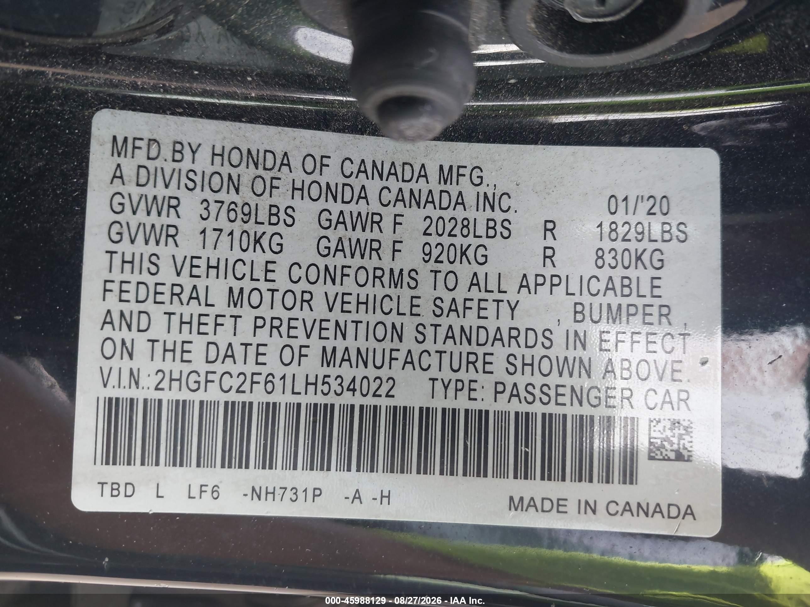 2020 Honda Civic Lx Black vin: 2HGFC2F61LH534022