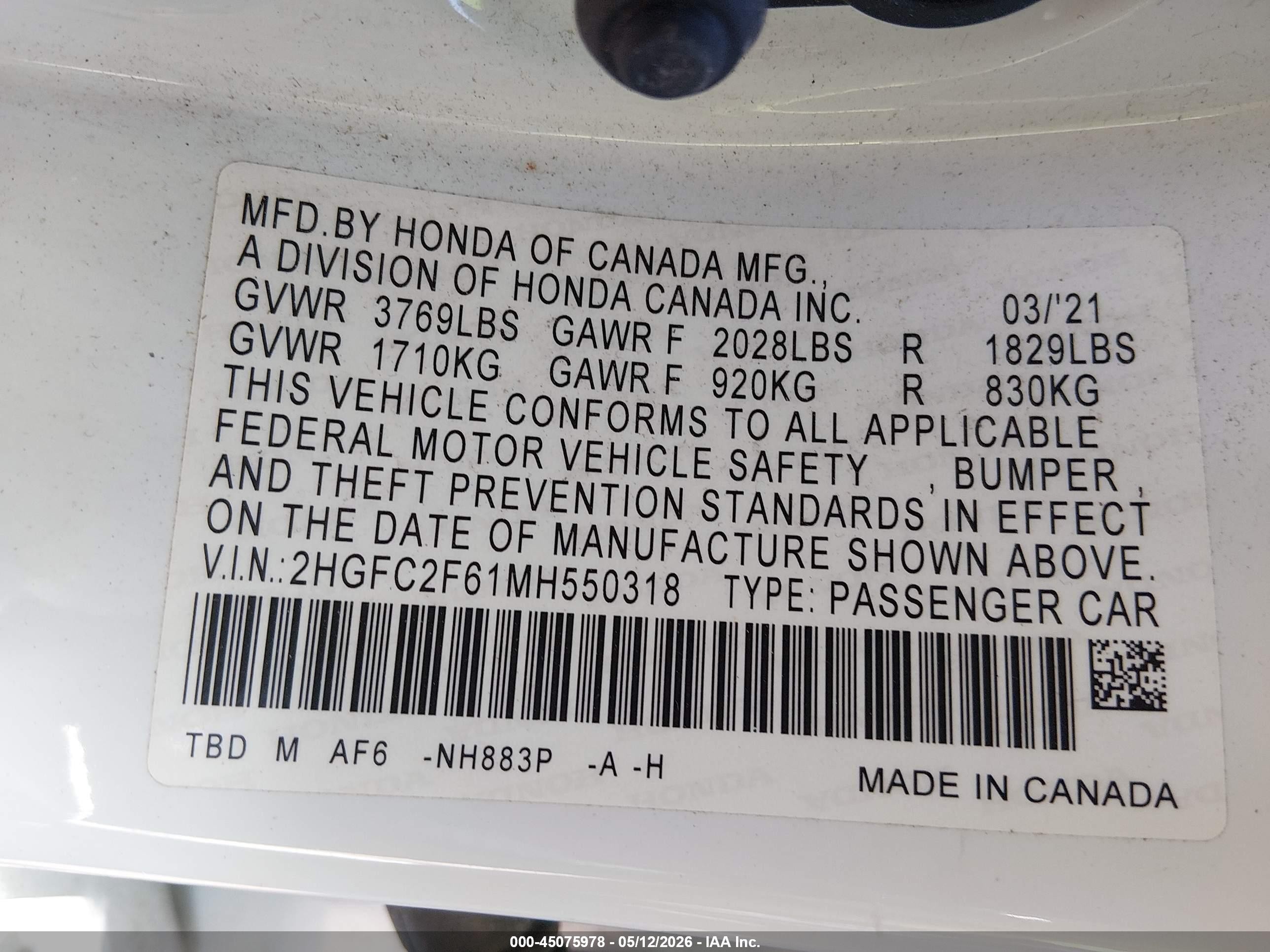 2021 Honda Civic Lx White vin: 2HGFC2F61MH550318