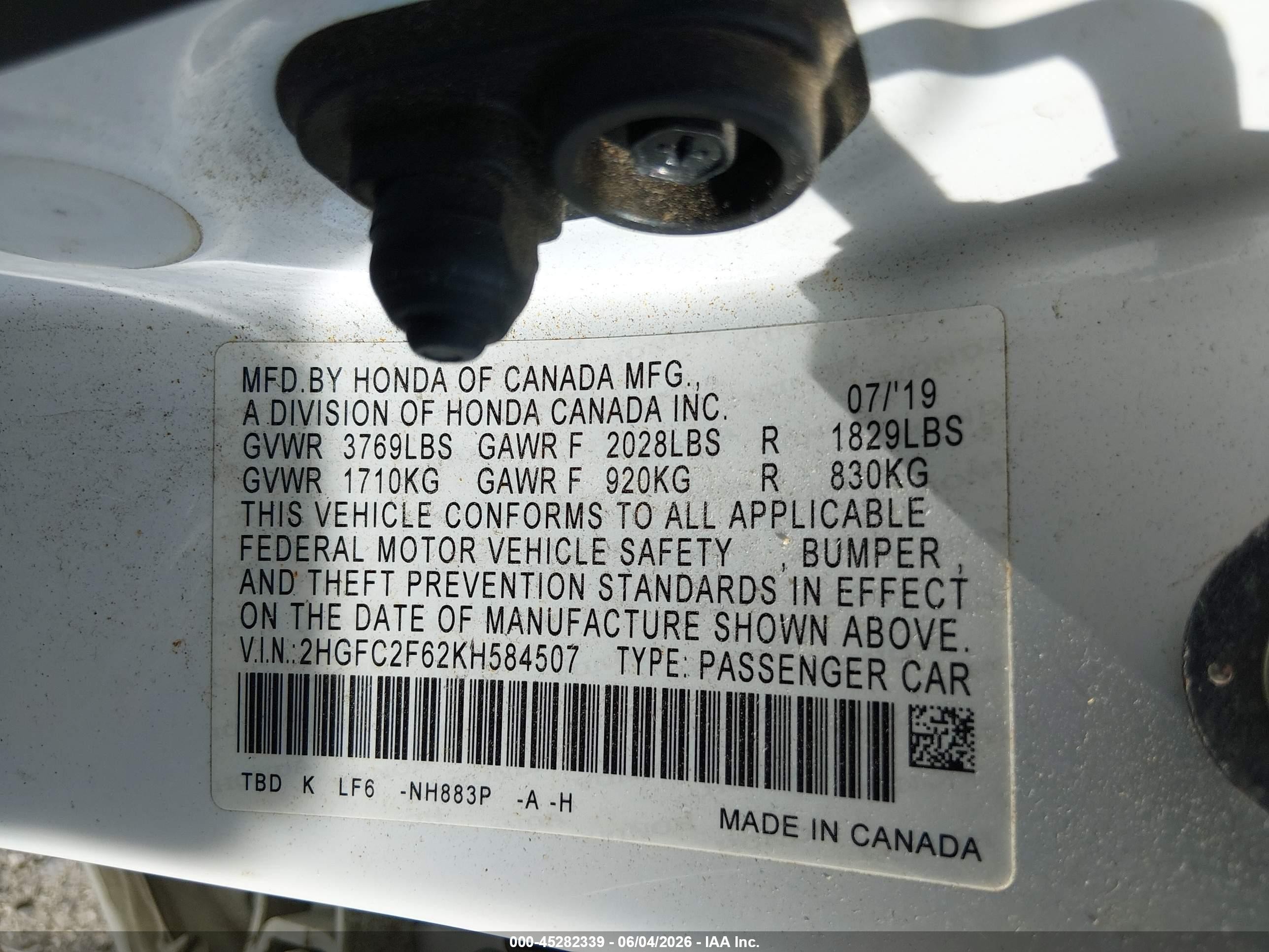 2019 Honda Civic Lx White vin: 2HGFC2F62KH584507