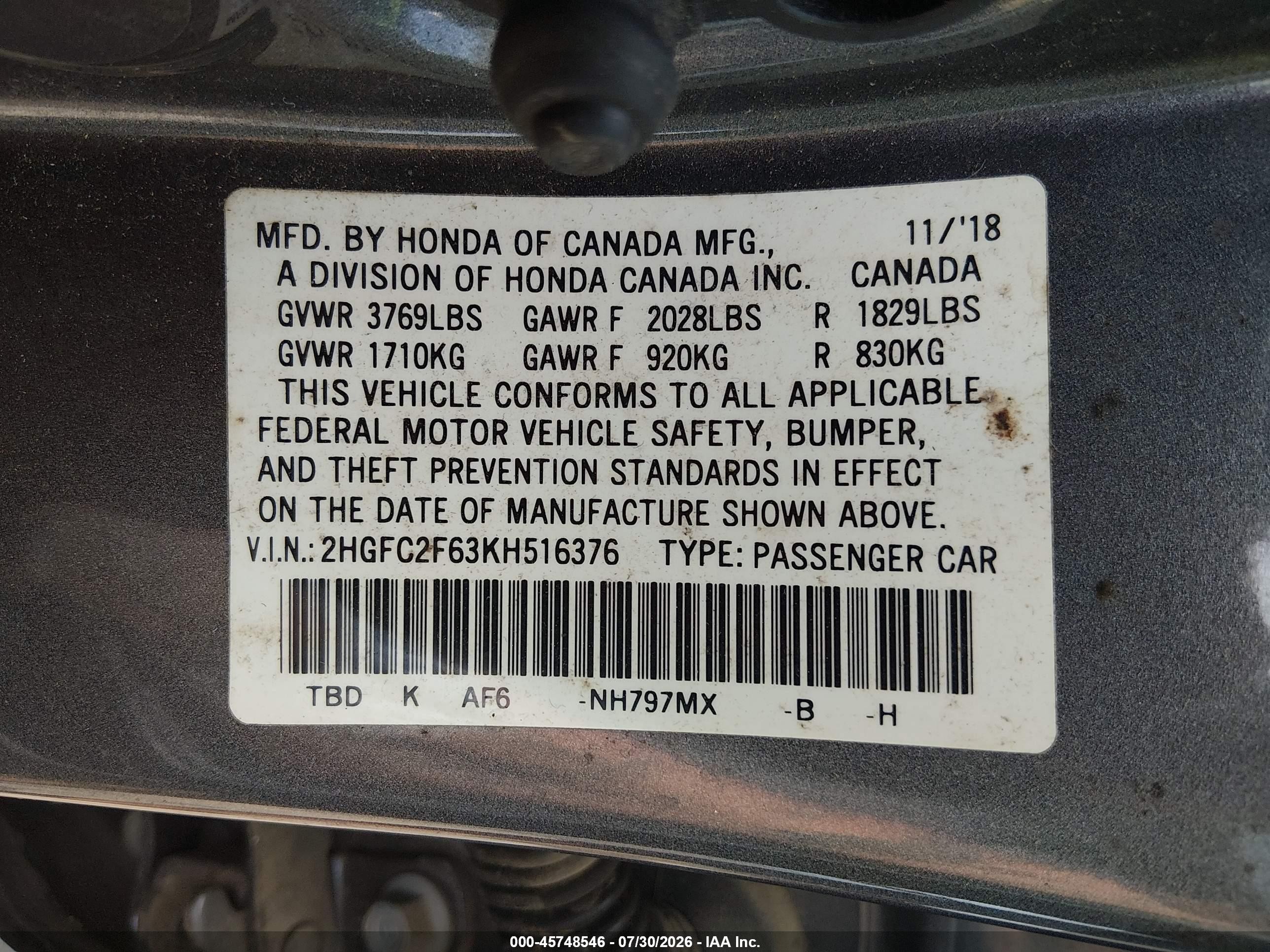 2019 Honda Civic Lx Gray vin: 2HGFC2F63KH516376