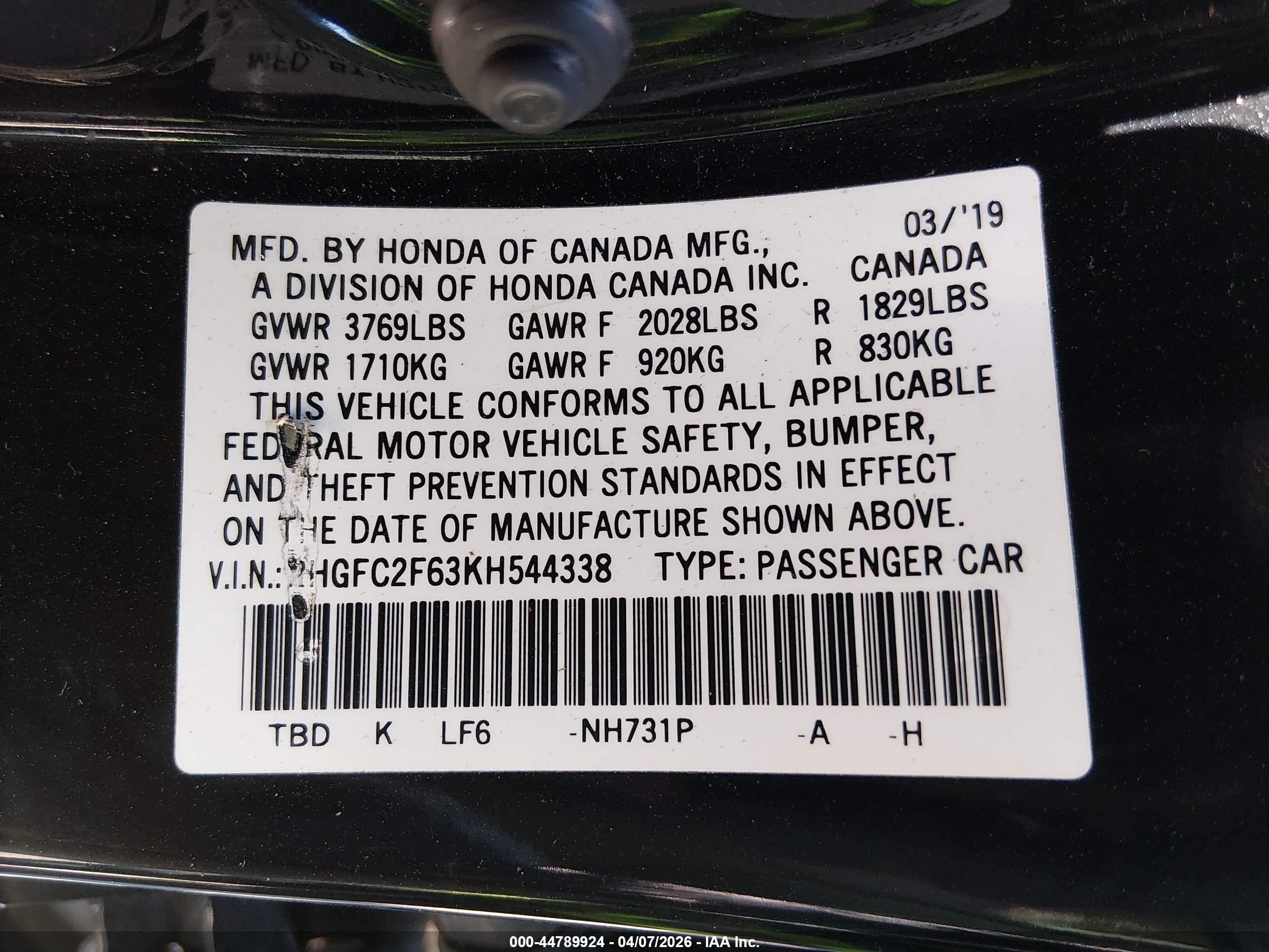 2019 Honda Civic Lx Black vin: 2HGFC2F63KH544338