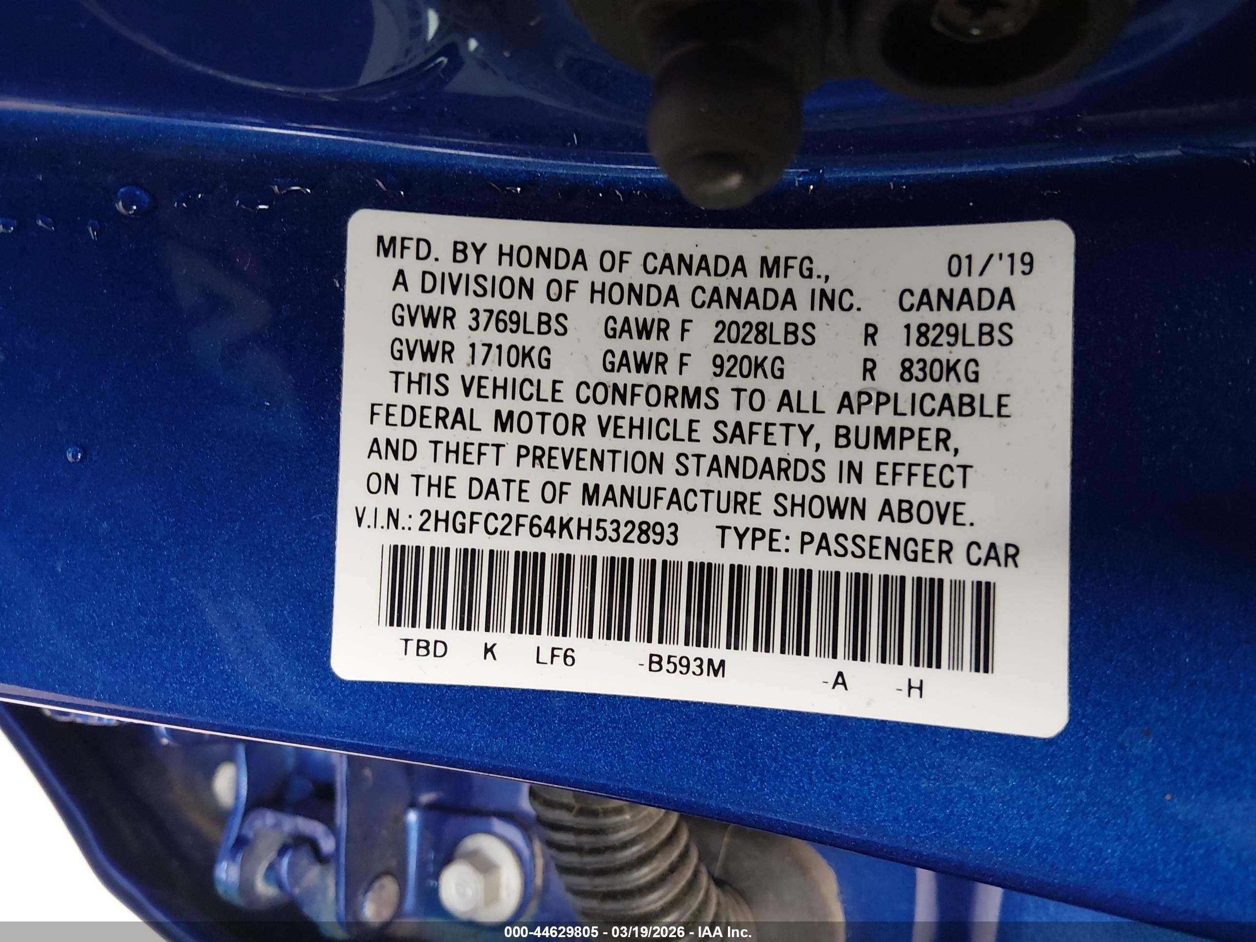 2019 Honda Civic Lx Blue vin: 2HGFC2F64KH532893