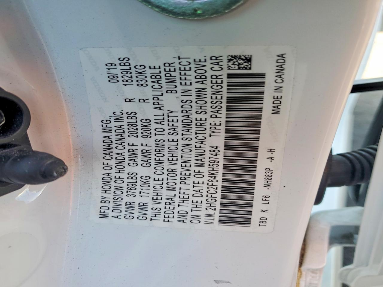 2019 Honda Civic Lx White vin: 2HGFC2F64KH597484