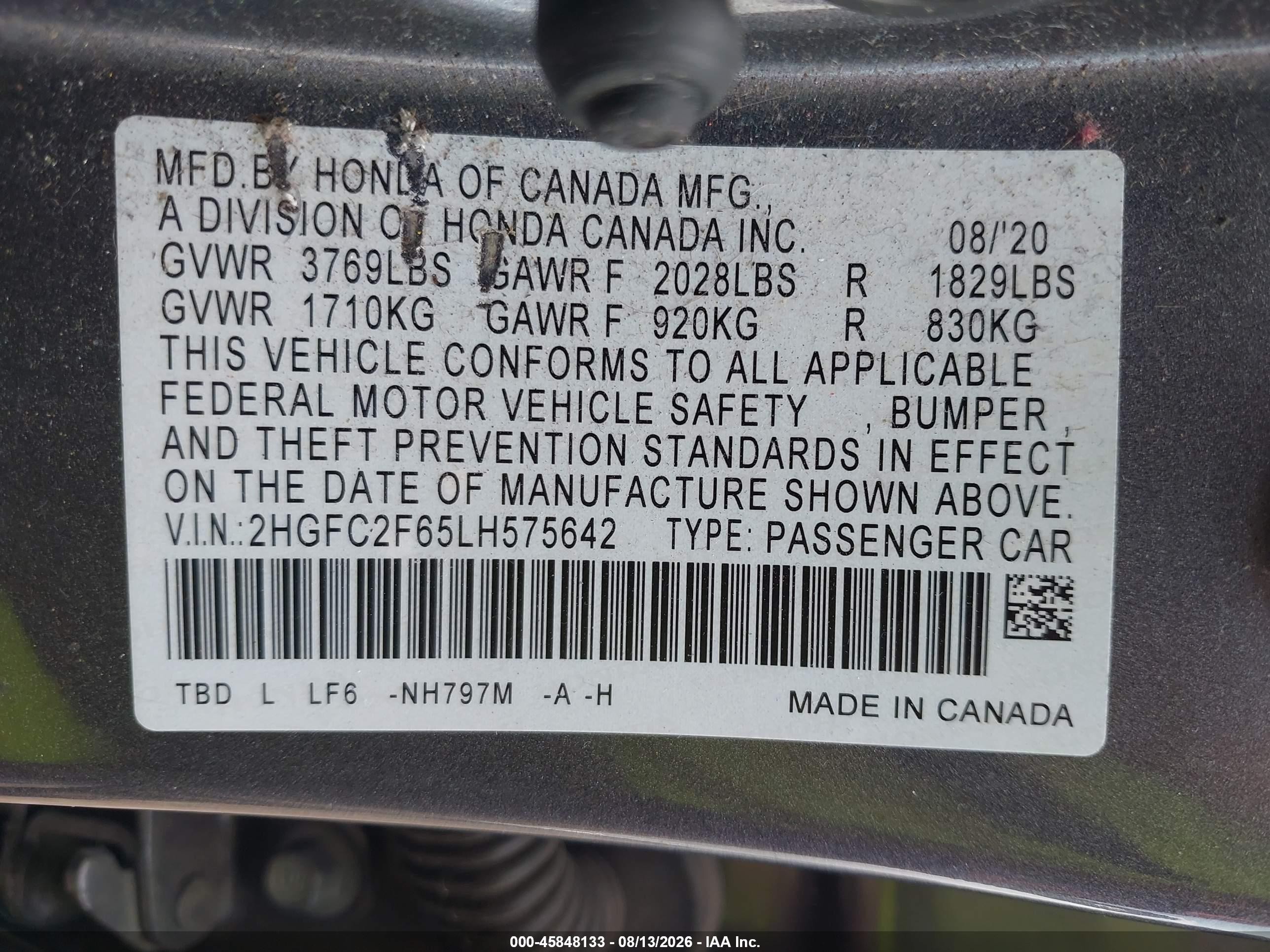 2020 Honda Civic Lx Серый vin: 2HGFC2F65LH575642