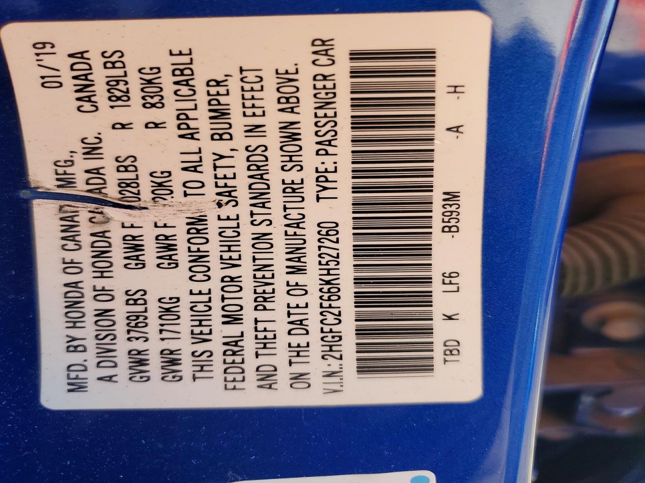 2019 Honda Civic Lx Blue vin: 2HGFC2F66KH527260