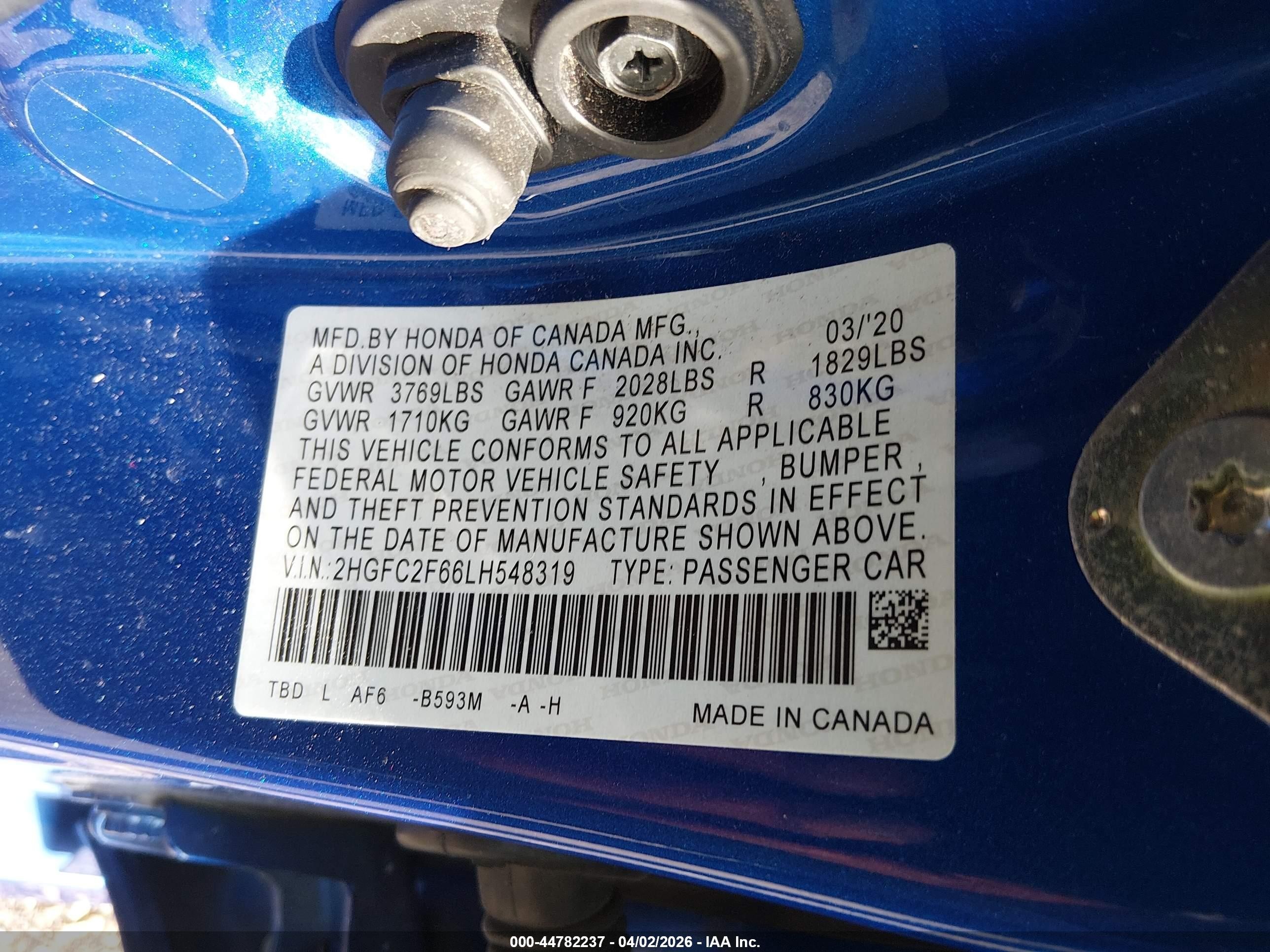 2020 Honda Civic Lx Blue vin: 2HGFC2F66LH548319