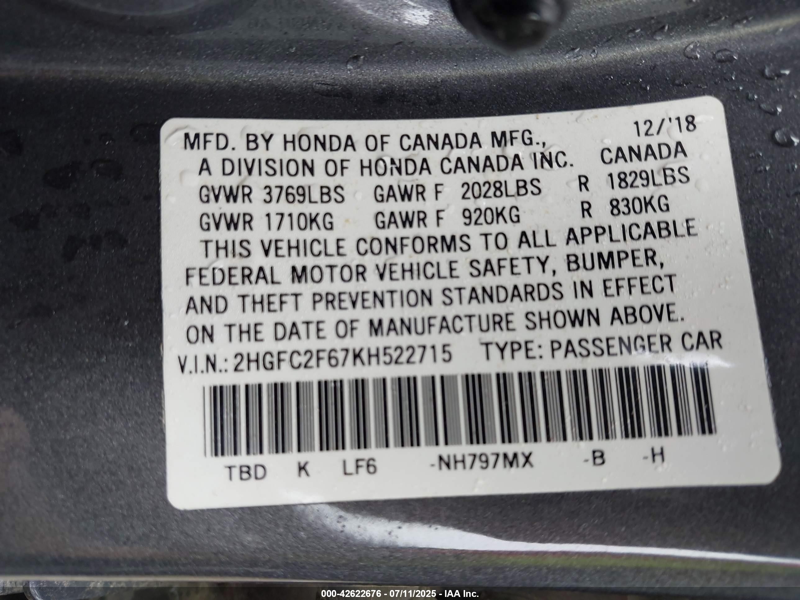 2019 Honda Civic Lx Gray vin: 2HGFC2F67KH522715