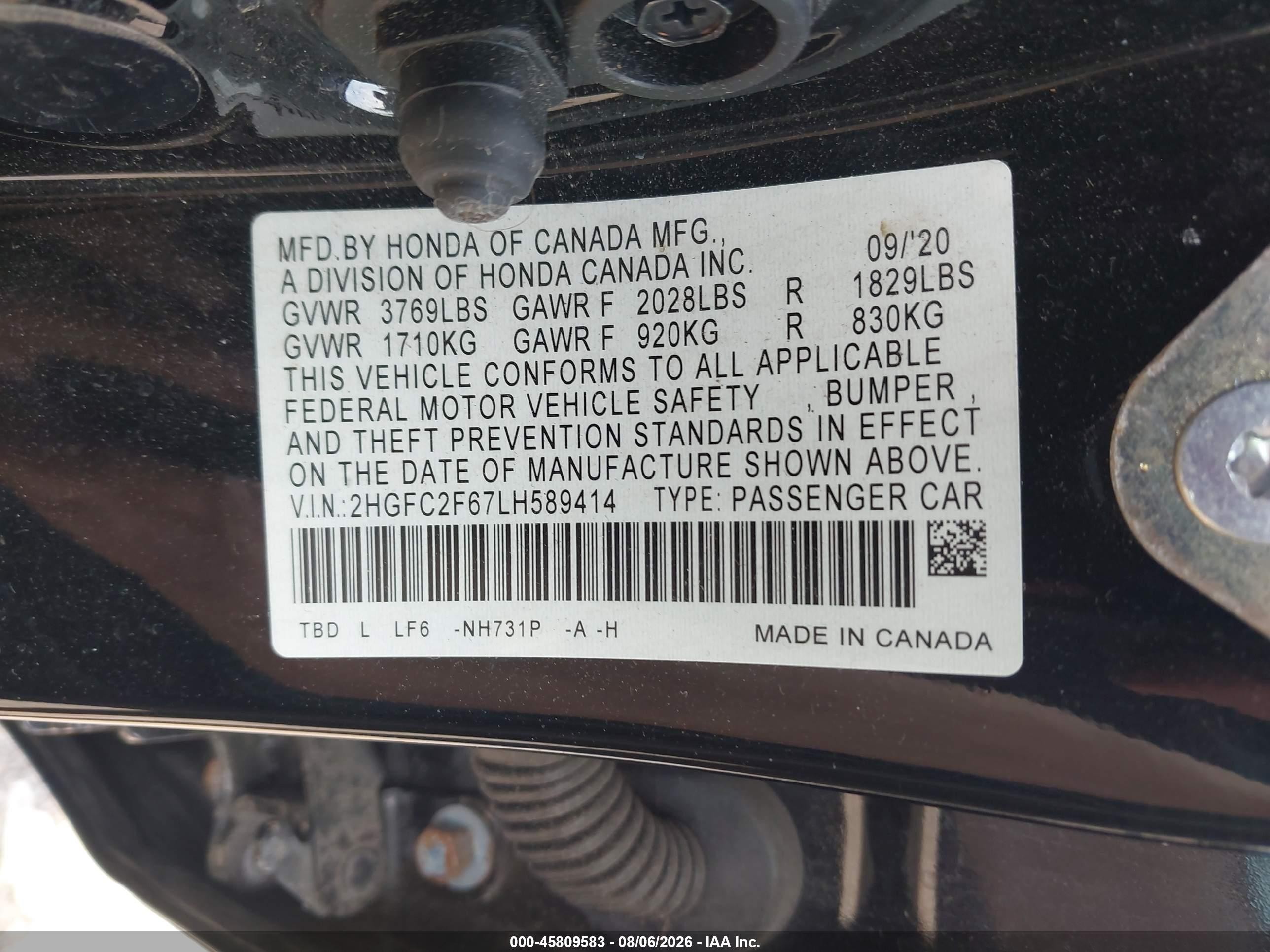 2020 Honda Civic Lx Black vin: 2HGFC2F67LH589414
