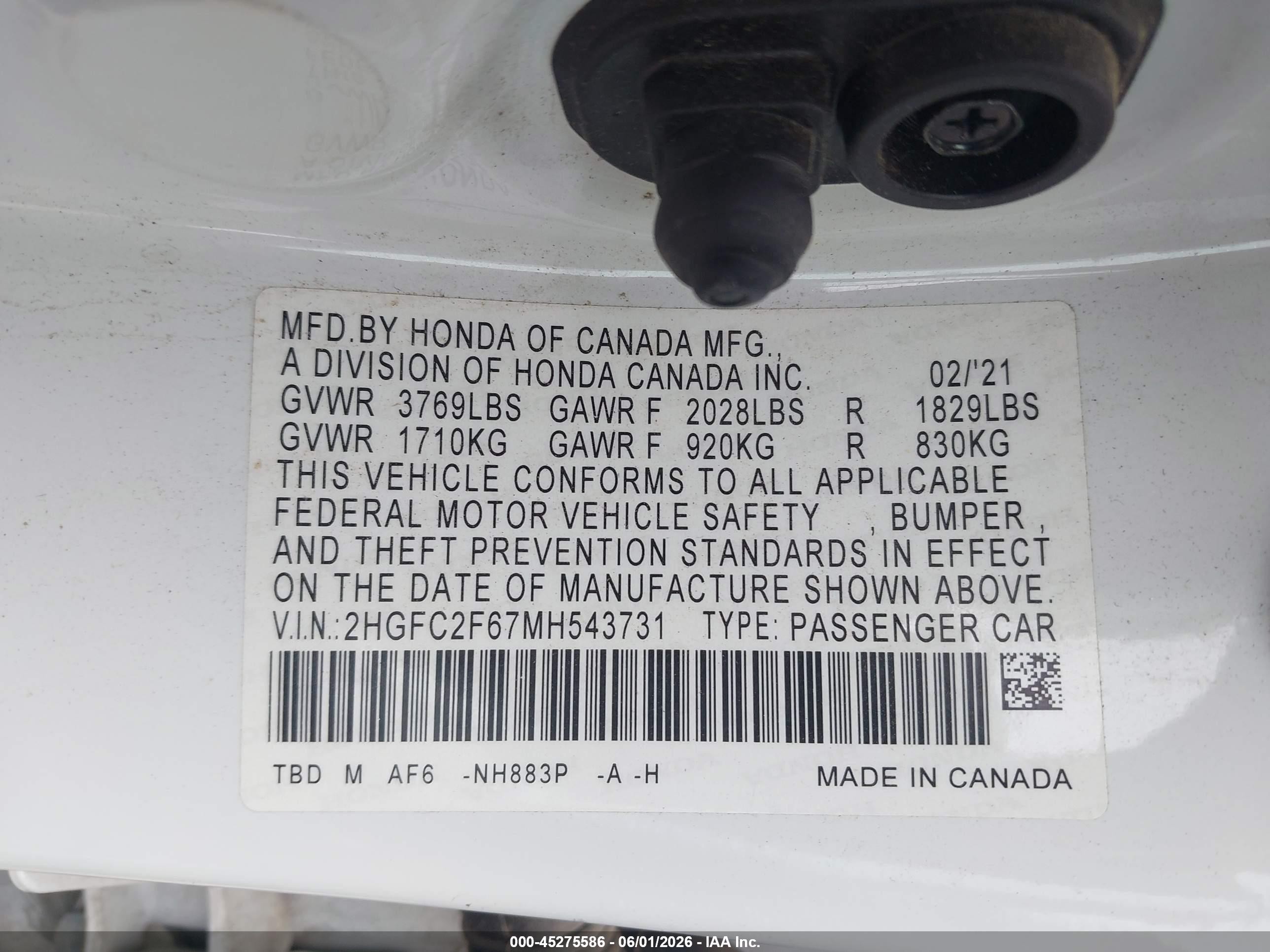 2021 Honda Civic Lx White vin: 2HGFC2F67MH543731