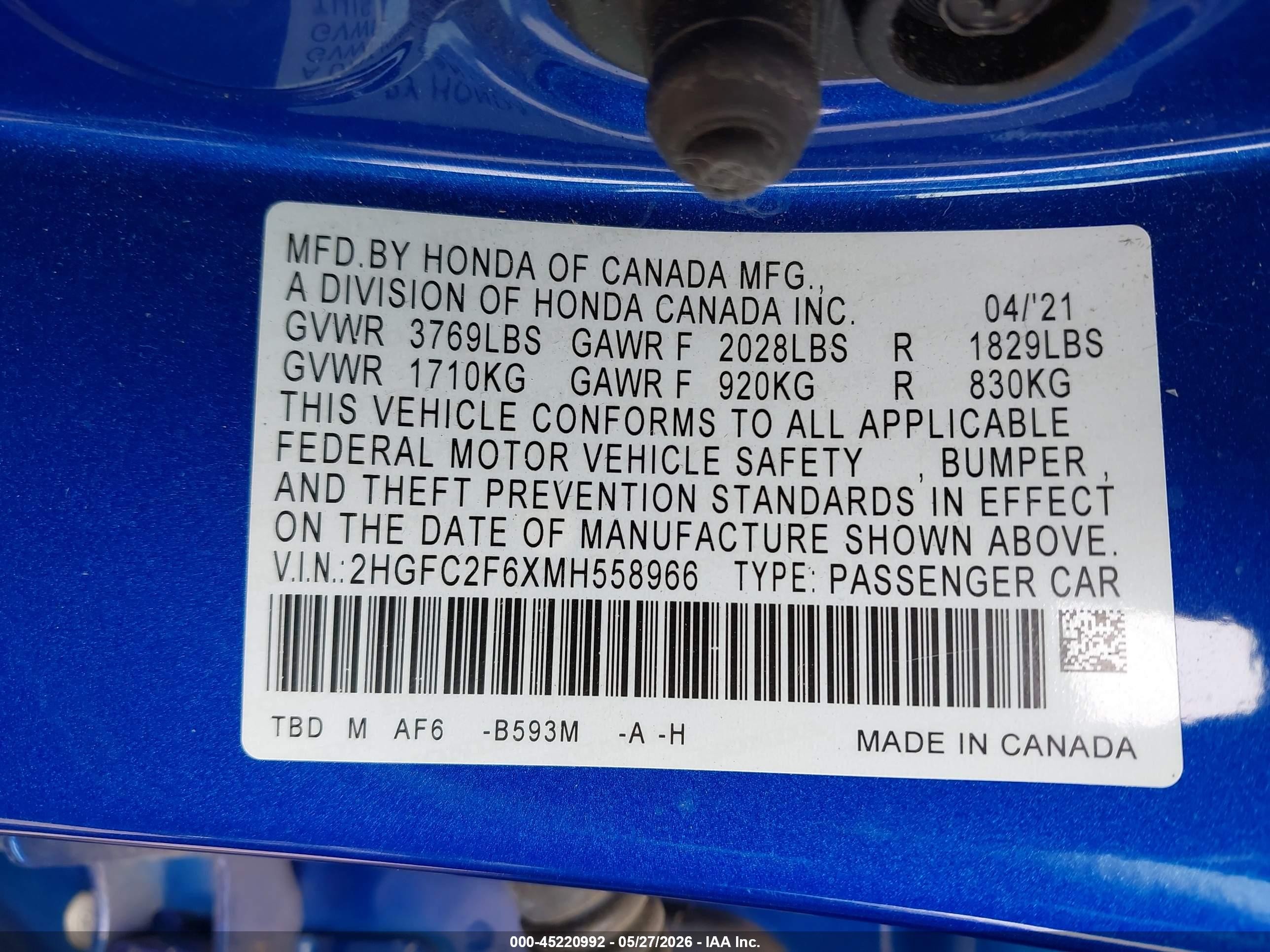 2021 Honda Civic Lx Синий vin: 2HGFC2F6XMH558966