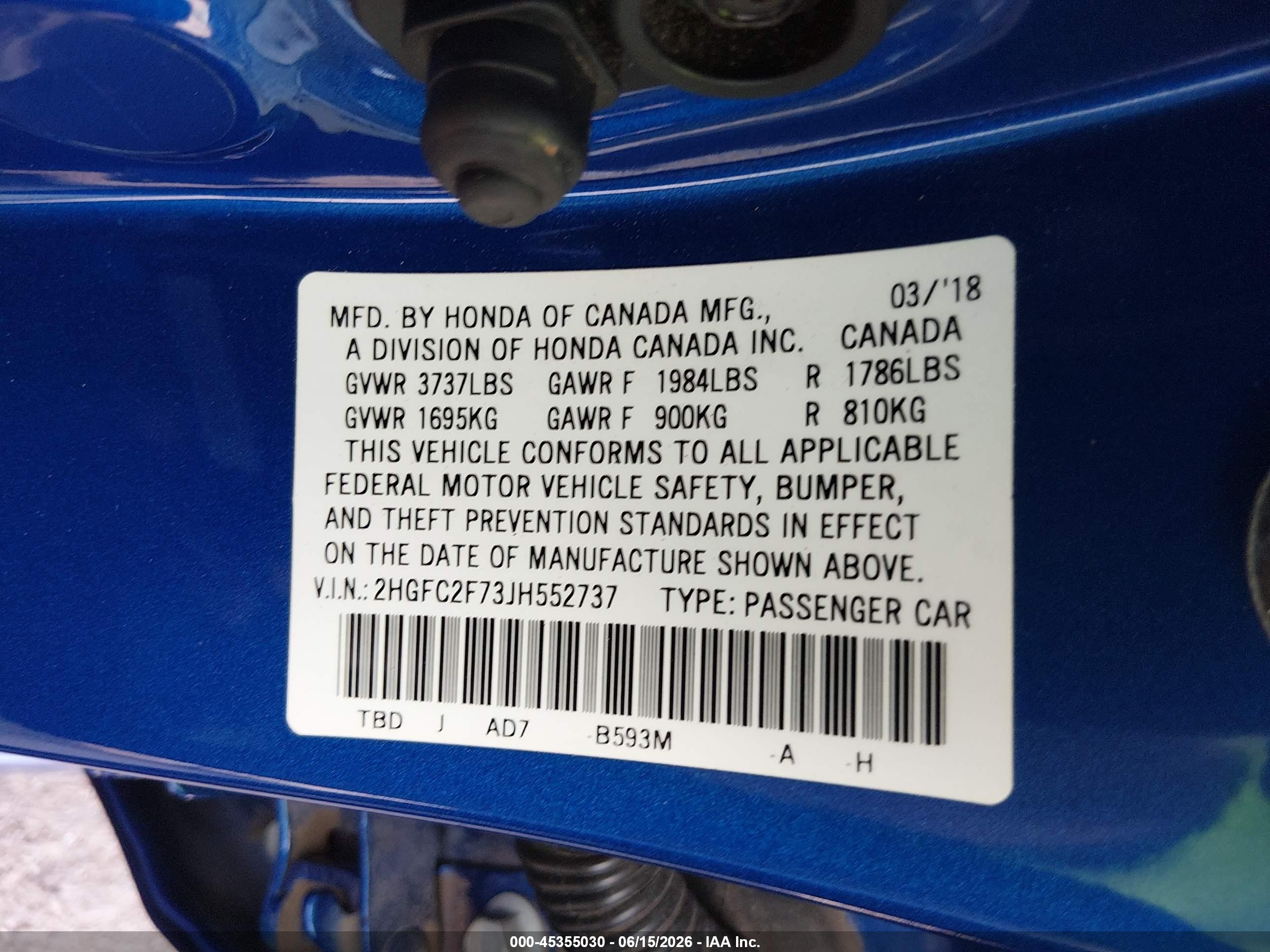 2018 Honda Civic Ex Blue vin: 2HGFC2F73JH552737