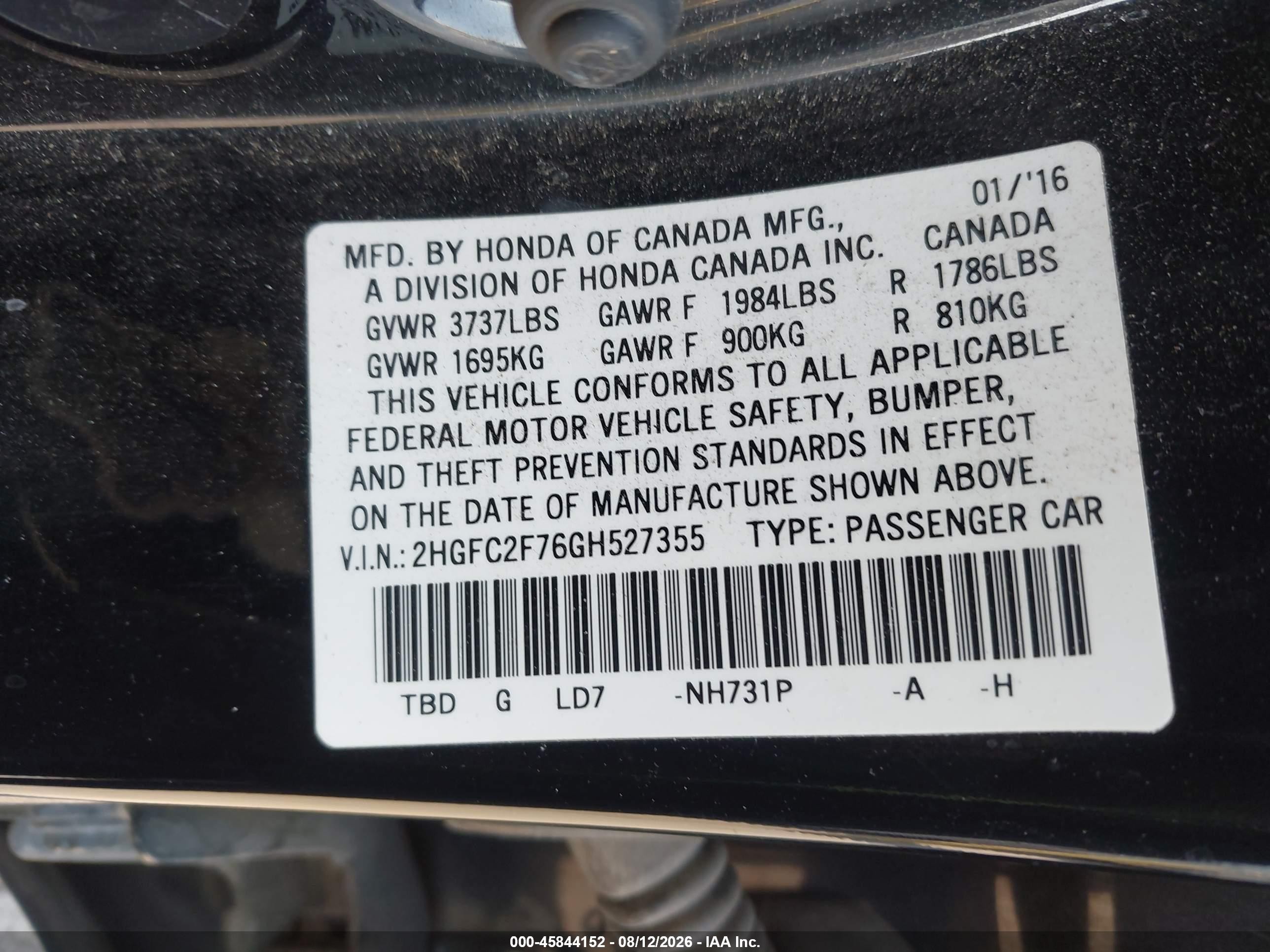 2016 Honda Civic Ex Black vin: 2HGFC2F76GH527355
